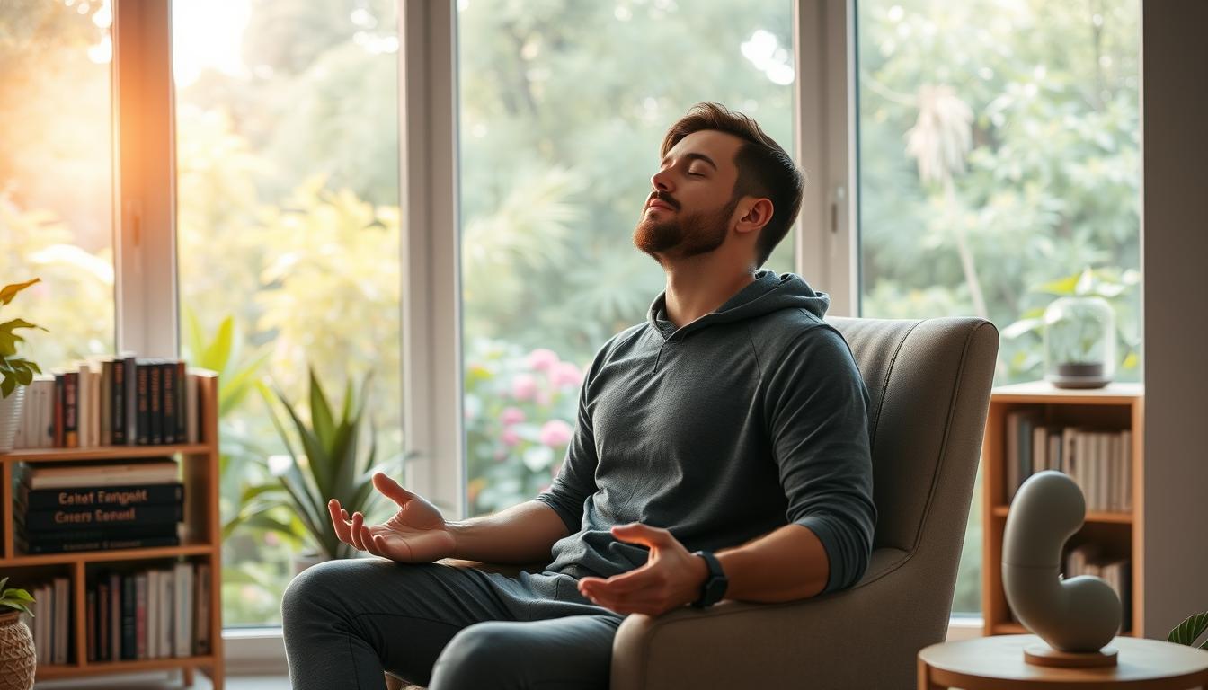 A serene morning scene with a man sitting in a comfortable chair, taking a deep breath and centering himself. The lighting is soft and warm, filtering through large windows overlooking a lush, vibrant garden. He is wearing comfortable athleisure wear, eyes closed, in a state of deep focus and mindfulness. In the background, a bookshelf with inspirational titles and a diffuser releasing calming essential oils. The atmosphere is one of tranquility and rejuvenation, setting the stage for a productive and energized day ahead. A serene morning scene with a man sitting in a comfortable chair, taking a deep breath and centering himself. The lighting is soft and warm, filtering through large windows overlooking a lush, vibrant garden. He is wearing comfortable athleisure wear, eyes closed, in a state of deep focus and mindfulness. In the background, a bookshelf with inspirational titles and a diffuser releasing calming essential oils. The atmosphere is one of tranquility and rejuvenation, setting the stage for a productive and energized day ahead.