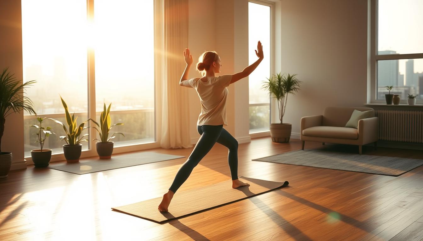 A serene morning scene with a person performing a dynamic sequence of yoga stretches and poses. Warm, golden light filters through large windows, casting a tranquil glow on the hardwood floor. In the foreground, a person moves fluidly through a series of stretches, their body in harmony with the gentle music playing in the background. The middle ground features a minimalist, zen-inspired decor with potted plants and a few pieces of wooden furniture. The background depicts an urban skyline, hinting at the bustling city beyond the peaceful sanctuary. The overall mood is one of rejuvenation, mindfulness, and a renewed sense of energy to start the day. A serene morning scene with a person performing a dynamic sequence of yoga stretches and poses. Warm, golden light filters through large windows, casting a tranquil glow on the hardwood floor. In the foreground, a person moves fluidly through a series of stretches, their body in harmony with the gentle music playing in the background. The middle ground features a minimalist, zen-inspired decor with potted plants and a few pieces of wooden furniture. The background depicts an urban skyline, hinting at the bustling city beyond the peaceful sanctuary. The overall mood is one of rejuvenation, mindfulness, and a renewed sense of energy to start the day.