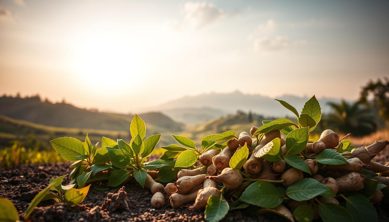 A serene, natural scene depicting the calming essence of ashwagandha. In the foreground, a collection of freshly harvested ashwagandha roots and leaves, their vibrant green hues reflecting the plant's revitalizing properties. The middle ground showcases a tranquil landscape, with rolling hills and a softly lit sky, conveying a sense of balance and relaxation. In the background, a picturesque mountain range stands tall, symbolizing the strength and resilience that ashwagandha can provide. The overall atmosphere is one of peace, harmony, and the restorative power of nature's gifts. Warm, diffused lighting casts a soothing glow, adding to the calming ambiance. A high-quality, wide-angle lens captures the scene in stunning, vibrant detail.