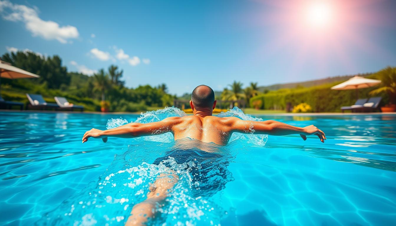 A serene outdoor pool, the sun's warm rays gently filtering through the clear blue water. In the foreground, a person gracefully swimming laps, their strong, toned limbs propelling them forward with each powerful stroke. The swimmer's body is in perfect harmony, muscles flexing with each movement, creating a mesmerizing dance of motion. The middle ground captures the tranquil scene, with poolside loungers and lush greenery framing the swimmer's fluid movements. In the background, a vibrant, verdant landscape sets the stage, conveying a sense of rejuvenation and weight loss potential. The overall atmosphere is one of peaceful, focused determination, inviting the viewer to imagine the transformative benefits of this full-body workout.
