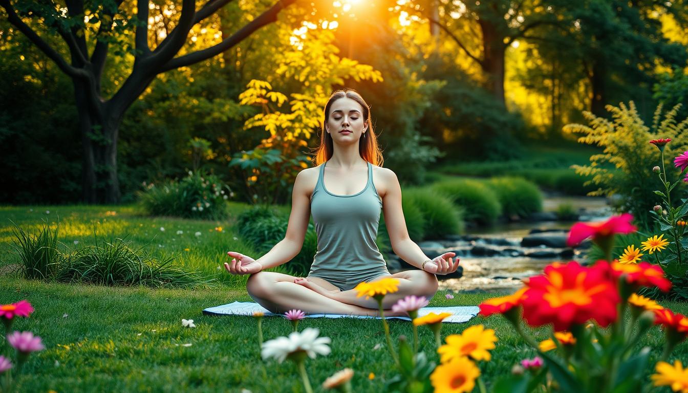 A serene outdoor scene with a person practicing mindful yoga in a lush, verdant garden. The figure is seated in a lotus position, eyes closed, exuding a calm, focused expression. Warm, golden sunlight filters through the canopy of trees, casting a soft, natural glow. In the background, a babbling brook flows peacefully, its soothing sounds enhancing the tranquil atmosphere. The foreground features a variety of vibrant, blooming flowers, their vibrant hues adding to the overall sense of rejuvenation and well-being. The composition is balanced and visually harmonious, evoking a feeling of stress relief and natural fat-burning potential. A serene outdoor scene with a person practicing mindful yoga in a lush, verdant garden. The figure is seated in a lotus position, eyes closed, exuding a calm, focused expression. Warm, golden sunlight filters through the canopy of trees, casting a soft, natural glow. In the background, a babbling brook flows peacefully, its soothing sounds enhancing the tranquil atmosphere. The foreground features a variety of vibrant, blooming flowers, their vibrant hues adding to the overall sense of rejuvenation and well-being. The composition is balanced and visually harmonious, evoking a feeling of stress relief and natural fat-burning potential.