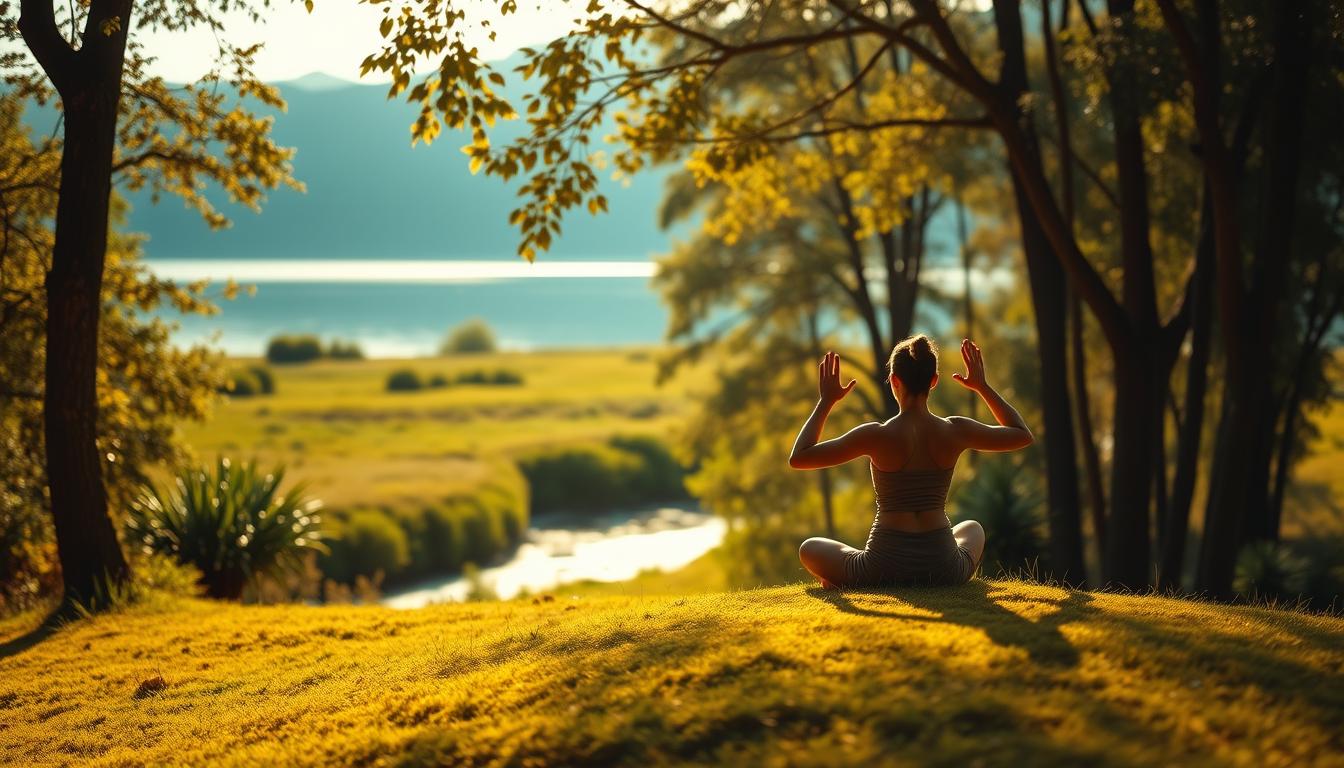 A serene outdoor scene with a person practicing yoga or meditation in the foreground, surrounded by lush greenery and a calm, natural setting. The figure is situated on a soft, grassy knoll, bathed in warm, diffused sunlight that filters through the trees. The background features a tranquil lake or stream, with a few distant mountains or hills visible on the horizon. The overall mood is one of tranquility, peace, and balance, conveying a sense of stress relief and inner calm. The scene has a vibrant, yet natural color palette, with a focus on earthy tones and a soft, dreamlike quality to the lighting. A serene outdoor scene with a person practicing yoga or meditation in the foreground, surrounded by lush greenery and a calm, natural setting. The figure is situated on a soft, grassy knoll, bathed in warm, diffused sunlight that filters through the trees. The background features a tranquil lake or stream, with a few distant mountains or hills visible on the horizon. The overall mood is one of tranquility, peace, and balance, conveying a sense of stress relief and inner calm. The scene has a vibrant, yet natural color palette, with a focus on earthy tones and a soft, dreamlike quality to the lighting.