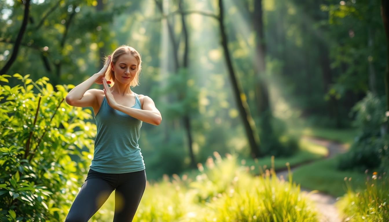 A serene outdoor scene with a woman engaged in a gentle yoga pose, surrounded by lush greenery and a hint of natural light. In the foreground, she gracefully flows through a mindful exercise routine, her expression calm and focused. The middle ground features a serene forest backdrop, with sunbeams filtering through the canopy, creating a warm, inviting atmosphere. The background subtly suggests a vibrant, healthy lifestyle, with natural elements like wildflowers and a winding path, guiding the viewer's eye towards a sense of beginners' progress and growth. The lighting is soft and diffused, highlighting the woman's form and the vibrant natural setting. A serene outdoor scene with a woman engaged in a gentle yoga pose, surrounded by lush greenery and a hint of natural light. In the foreground, she gracefully flows through a mindful exercise routine, her expression calm and focused. The middle ground features a serene forest backdrop, with sunbeams filtering through the canopy, creating a warm, inviting atmosphere. The background subtly suggests a vibrant, healthy lifestyle, with natural elements like wildflowers and a winding path, guiding the viewer's eye towards a sense of beginners' progress and growth. The lighting is soft and diffused, highlighting the woman's form and the vibrant natural setting.