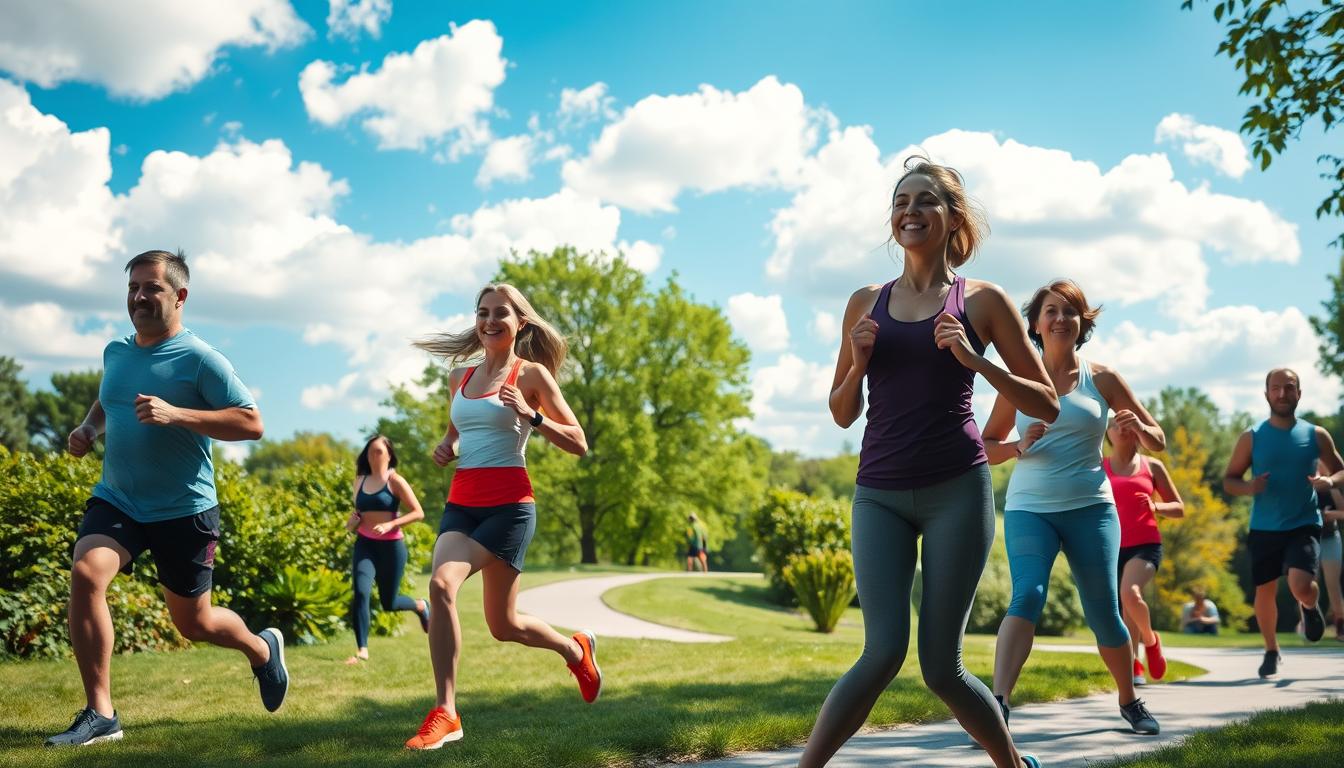 A serene park setting on a bright, sunlit day. In the foreground, a group of people of various ages and body types engaged in a range of exercises - jogging, yoga poses, weight training. Their faces exude a sense of focused determination and joy. The middle ground features lush, verdant foliage and a winding path, inviting the viewer to join in the invigorating activity. In the background, a vibrant blue sky dotted with fluffy white clouds, conveying a sense of openness and possibility. The overall scene radiates a vibrant, uplifting atmosphere that emphasizes the transformative power of regular physical activity. A serene park setting on a bright, sunlit day. In the foreground, a group of people of various ages and body types engaged in a range of exercises - jogging, yoga poses, weight training. Their faces exude a sense of focused determination and joy. The middle ground features lush, verdant foliage and a winding path, inviting the viewer to join in the invigorating activity. In the background, a vibrant blue sky dotted with fluffy white clouds, conveying a sense of openness and possibility. The overall scene radiates a vibrant, uplifting atmosphere that emphasizes the transformative power of regular physical activity.