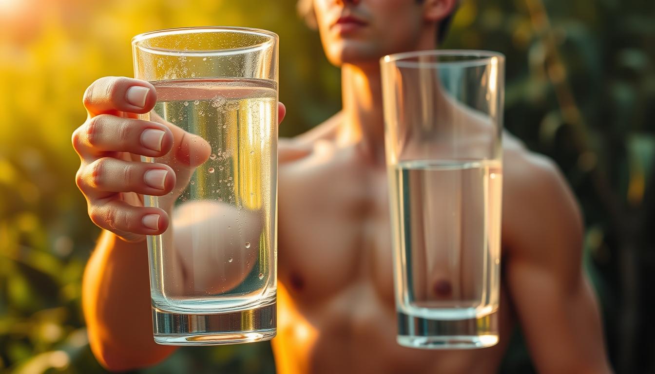 A serene scene of a person hydrating after a rigorous workout. In the foreground, a large glass of clear, refreshing water is held in a strong, athletic hand. Beads of condensation glisten on the glass, reflecting the warm, golden lighting. In the middle ground, the person's body is depicted in a relaxed, post-exercise pose, their muscles slightly tense but their expression calm and rejuvenated. The background is a vibrant, nature-inspired setting, with lush greenery and a soothing, earthy palette that evokes a sense of tranquility and restoration. The overall mood is one of revitalization, emphasizing the importance of proper hydration for effective post-workout recovery. A serene scene of a person hydrating after a rigorous workout. In the foreground, a large glass of clear, refreshing water is held in a strong, athletic hand. Beads of condensation glisten on the glass, reflecting the warm, golden lighting. In the middle ground, the person's body is depicted in a relaxed, post-exercise pose, their muscles slightly tense but their expression calm and rejuvenated. The background is a vibrant, nature-inspired setting, with lush greenery and a soothing, earthy palette that evokes a sense of tranquility and restoration. The overall mood is one of revitalization, emphasizing the importance of proper hydration for effective post-workout recovery.