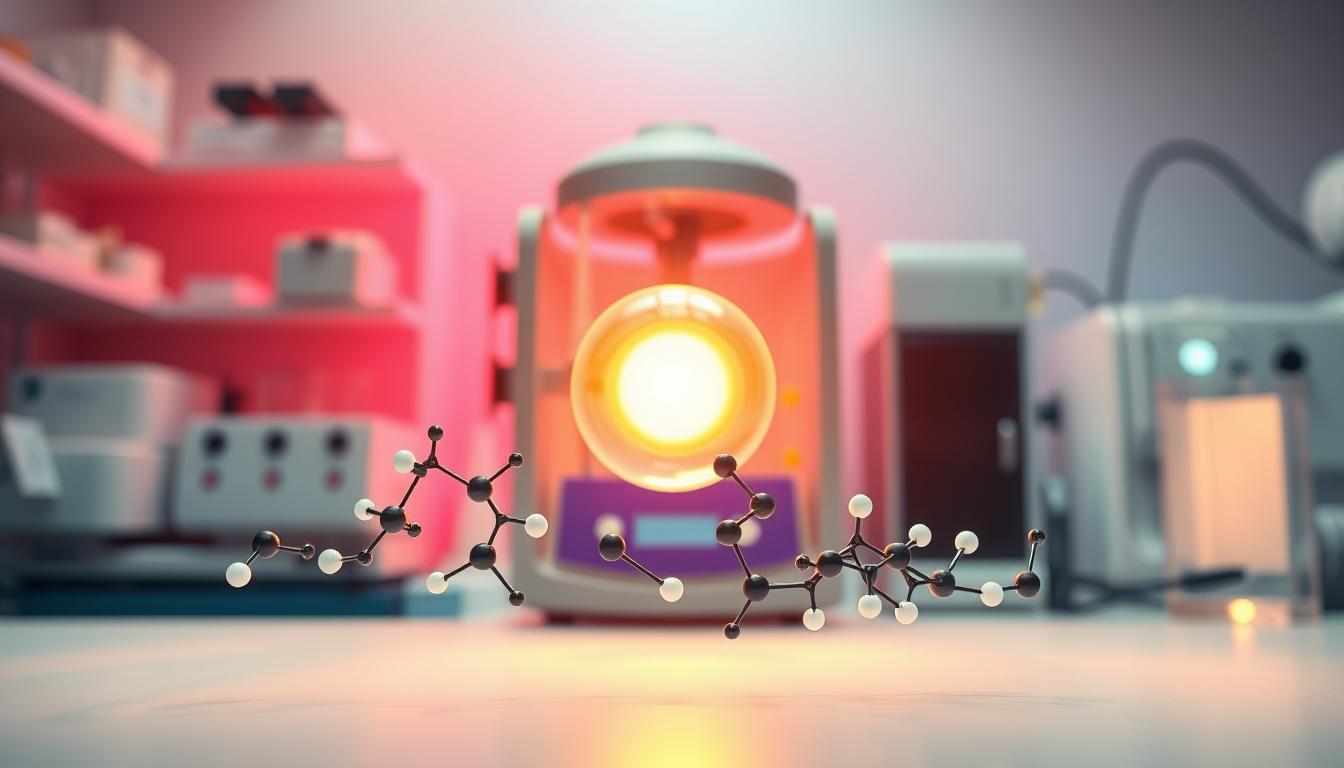 A serene, softly-lit laboratory setting with scientific equipment and a central glowing spherical element. In the foreground, various hormonal molecules are depicted in a balanced, harmonious arrangement, conveying a sense of natural equilibrium. The middle ground features a scientific apparatus, perhaps a centrifuge or mass spectrometer, bathed in a warm, vibrant lighting. The background showcases a vibrant, yet soothing color palette, evoking a sense of balance and wellness. The overall composition suggests the intricate, yet delicate nature of hormonal balance, captured through a professional, technical lens.