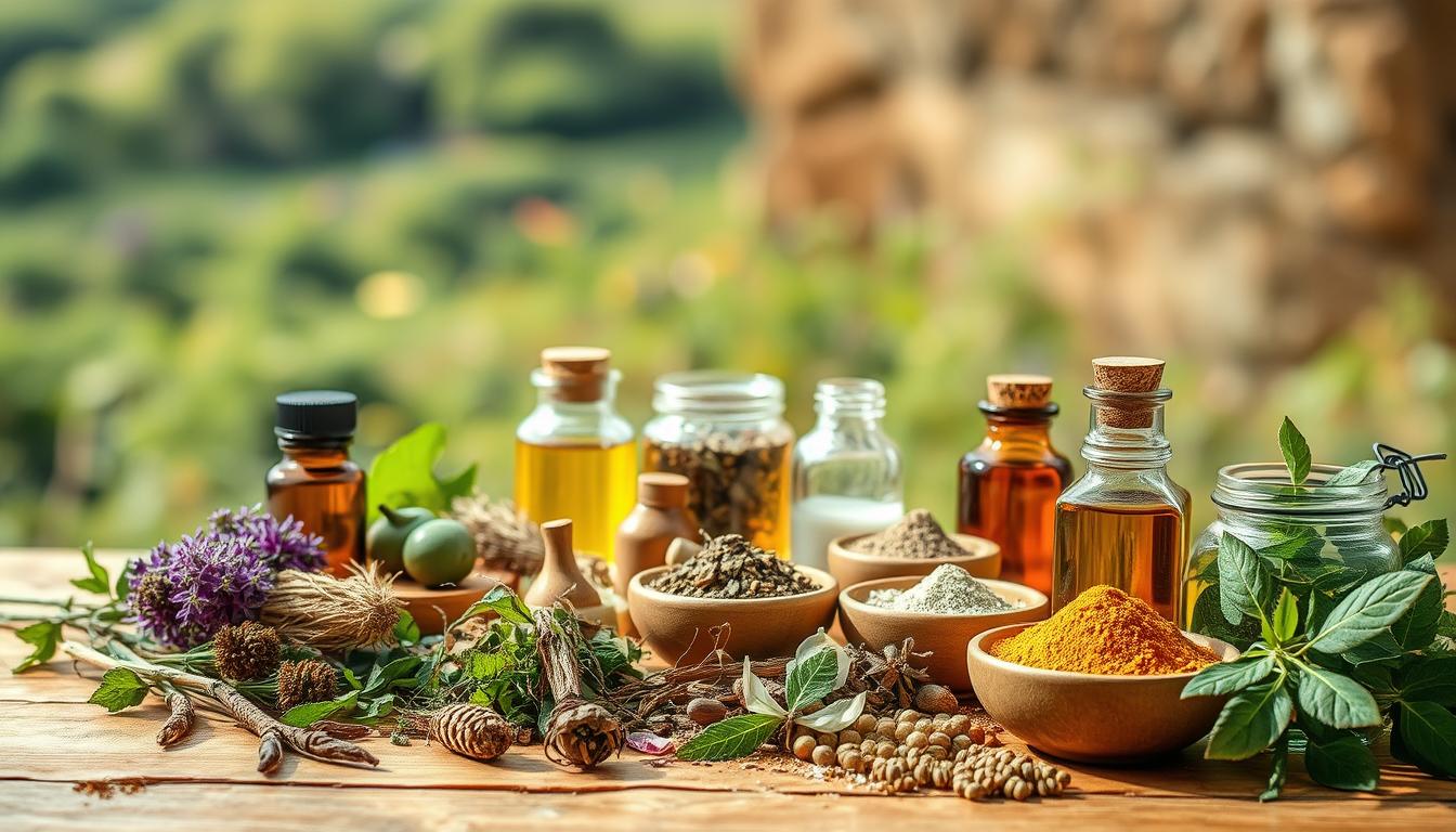 A serene still life of natural herbal remedies set against a warm, earthy backdrop. In the foreground, an assortment of fresh herbs, dried plants, and fragrant oils arranged on a wooden table, bathed in soft, natural lighting. In the middle ground, glass jars and ceramic bowls containing various herbal tinctures, powders, and salves, hinting at the vibrant, restorative properties within. The background features a blurred, verdant landscape, suggesting the abundance and vitality of the natural world. The overall scene conveys a sense of harmony, balance, and the embrace of nature's healing potential.