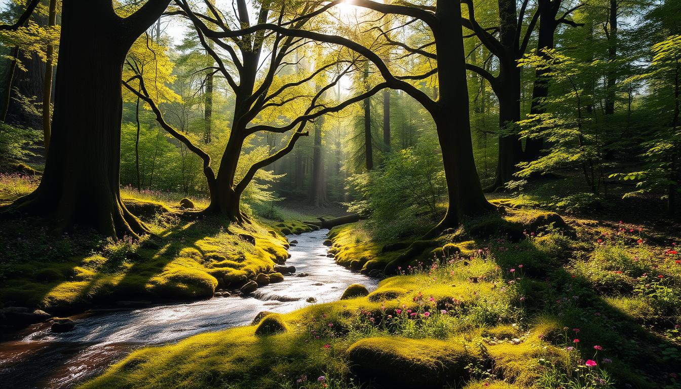 A serene, sun-dappled forest glade, with a meandering stream flowing gently through the lush, vibrant greenery. Towering, ancient trees frame the scene, their branches creating a natural canopy that filters the warm, golden light. The soft, mossy ground is dotted with colorful wildflowers, their petals swaying in the gentle breeze. A sense of tranquility and rejuvenation permeates the air, inviting the viewer to pause, breathe deeply, and immerse themselves in the restorative power of nature. A serene, sun-dappled forest glade, with a meandering stream flowing gently through the lush, vibrant greenery. Towering, ancient trees frame the scene, their branches creating a natural canopy that filters the warm, golden light. The soft, mossy ground is dotted with colorful wildflowers, their petals swaying in the gentle breeze. A sense of tranquility and rejuvenation permeates the air, inviting the viewer to pause, breathe deeply, and immerse themselves in the restorative power of nature.