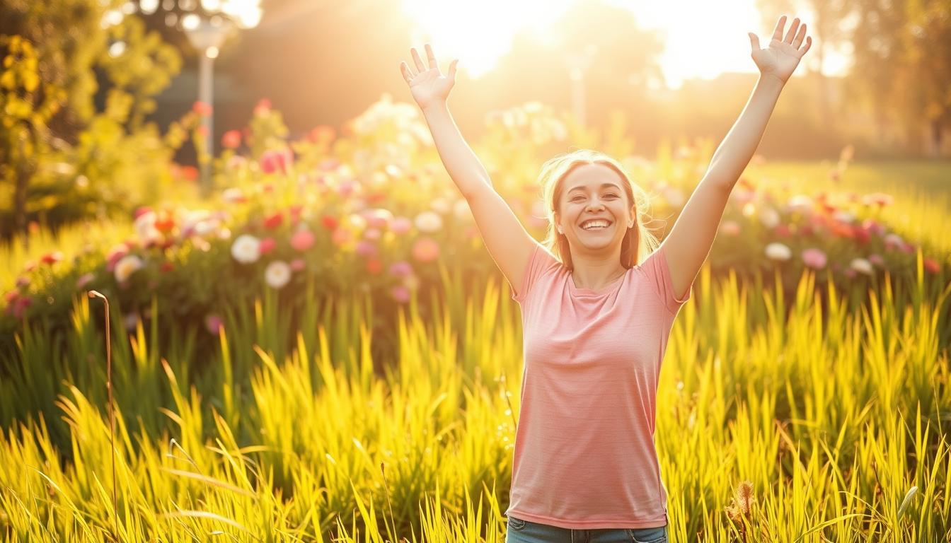 A serene, sun-dappled meadow, its verdant grasses swaying in a gentle breeze. In the foreground, a person stands tall, arms raised in a victorious pose, their face alight with a radiant smile. Behind them, a vibrant garden bursts with colorful blooms, a symbol of their personal growth and transformation. The lighting is soft and warm, casting a golden glow over the scene, conveying a sense of energy and positivity. The overall atmosphere is one of celebration and empowerment, capturing the essence of "non-scale victories" on the journey to a healthier, more vibrant life. A serene, sun-dappled meadow, its verdant grasses swaying in a gentle breeze. In the foreground, a person stands tall, arms raised in a victorious pose, their face alight with a radiant smile. Behind them, a vibrant garden bursts with colorful blooms, a symbol of their personal growth and transformation. The lighting is soft and warm, casting a golden glow over the scene, conveying a sense of energy and positivity. The overall atmosphere is one of celebration and empowerment, capturing the essence of "non-scale victories" on the journey to a healthier, more vibrant life.