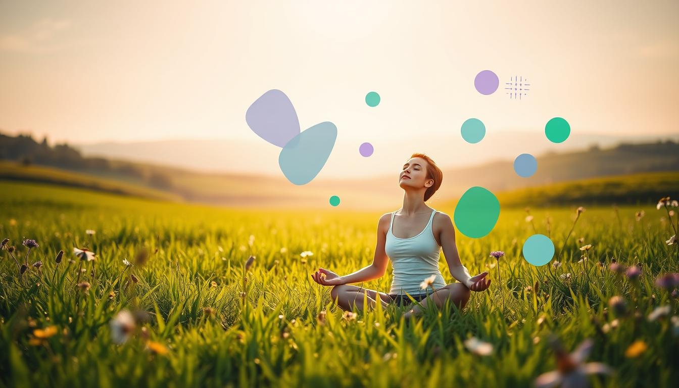 A serene, sun-dappled meadow, lush with verdant grasses and wildflowers. In the foreground, a person sits in a meditative pose, eyes closed, radiating a sense of inner peace and harmony. Surrounding them, abstract shapes and forms in vibrant hues of blue, green, and purple, representing the interplay of mental well-being and physical health. The background features a distant, rolling landscape, bathed in a warm, golden light that illuminates the scene with a sense of tranquility and hope. Soft, diffused lighting and a shallow depth of field create a dreamlike, introspective atmosphere, inviting the viewer to contemplate the profound connection between the mind and the body.