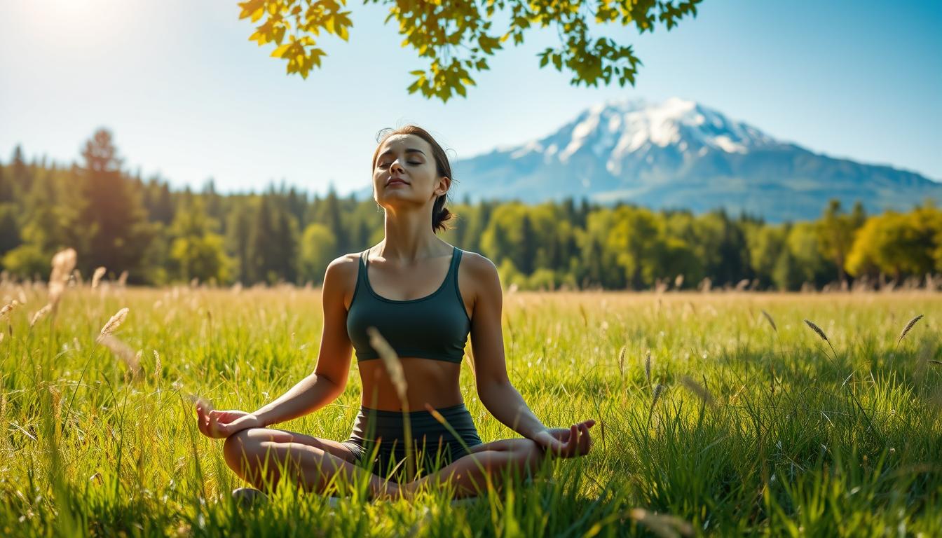A serene, sun-dappled meadow, the soft grass swaying gently in a warm breeze. In the foreground, a woman sits cross-legged, her eyes closed, deeply focused on her breathing. Her expression is tranquil, her movements graceful as she inhales and exhales, her torso rising and falling in a rhythmic, meditative flow. The mid-ground features a verdant forest, its lush canopy filtering the light into a vibrant, kaleidoscopic play of shadows and highlights. In the distance, a majestic mountain range stands tall, its peaks capped with pristine snow, creating a breathtaking, serene backdrop to this scene of rejuvenation and self-care.