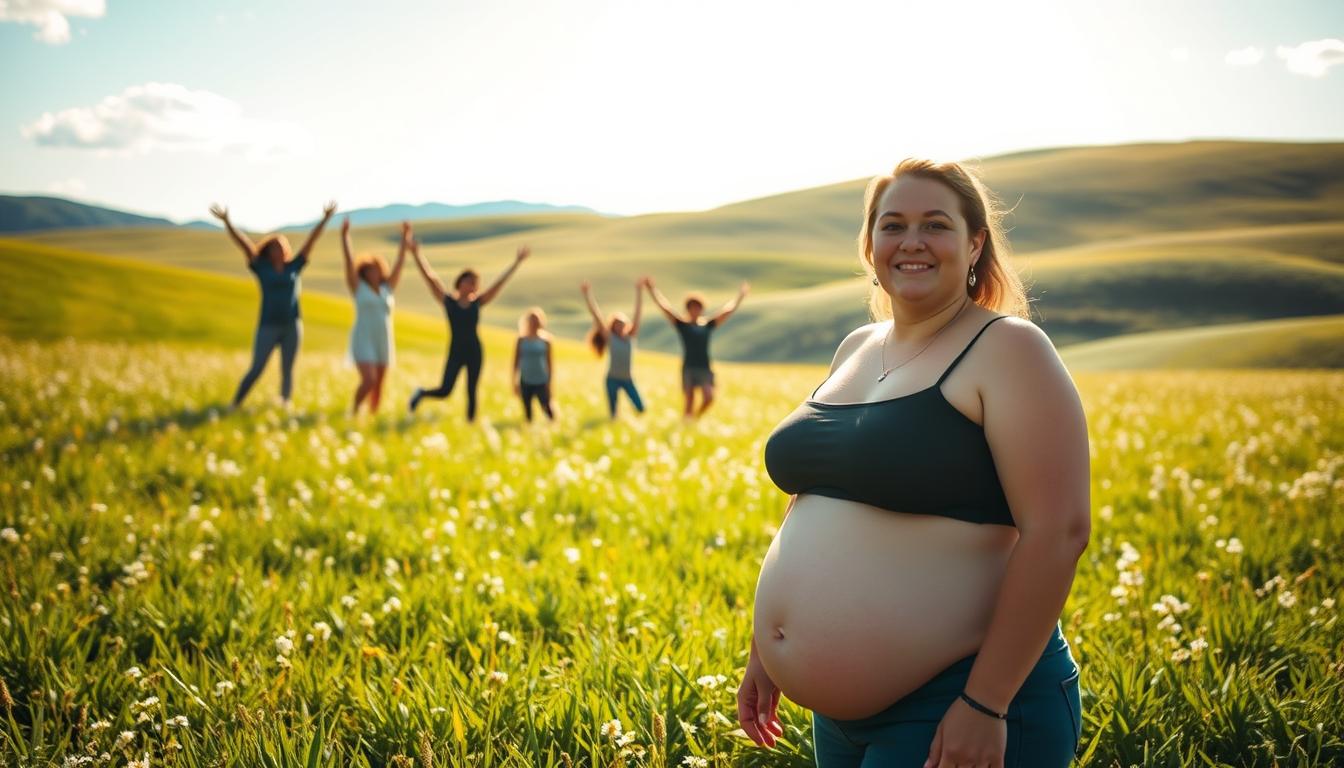 A serene, sun-dappled meadow, where a confident, radiant figure stands in the foreground, their gaze emanating self-assurance. The subject's physique, while not conventionally "slim," is portrayed with dignity and grace, the viewer's eye drawn to the tranquil, vibrant expression on their face. In the middle ground, silhouettes of people of diverse body types engage in joyful activities, celebrating their natural forms. The background features a lush, rolling landscape, infused with a sense of openness and possibility, conveying the idea of self-acceptance and the power of the mind-body connection in weight loss.