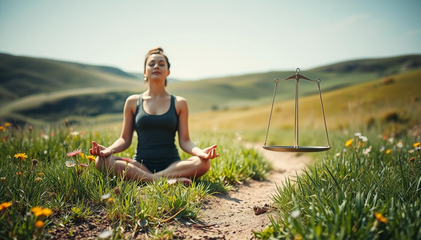 A serene, sun-dappled meadow with a path winding through lush, verdant grass. In the foreground, a person sitting cross-legged, their eyes closed in deep meditation, their expression calm and focused. Surrounding them, delicate wildflowers in vibrant hues bloom. In the middle ground, a scale balances precariously, symbolizing the connection between mindfulness and weight loss. The background features rolling hills and a clear, azure sky, conveying a sense of tranquility and harmony. The lighting is soft and diffused, creating a warm, vibrant atmosphere.