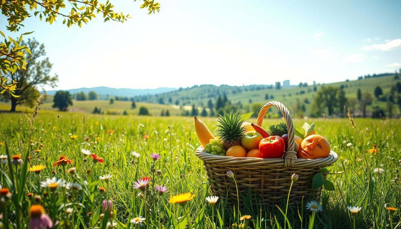A serene, sun-dappled meadow with lush, verdant grasses and wildflowers in full bloom. In the foreground, a basket overflows with a vibrant assortment of fresh fruits and vegetables, representing the bounty of a healthy lifestyle. In the middle ground, a person stretches peacefully, basking in the warm, rejuvenating rays of the sun. In the background, rolling hills dotted with thriving trees and a clear, azure sky, conveying a sense of tranquility and well-being. The overall scene exudes a vibrant, revitalizing atmosphere, capturing the essence of the health benefits one can experience through embracing a natural, balanced way of living. A serene, sun-dappled meadow with lush, verdant grasses and wildflowers in full bloom. In the foreground, a basket overflows with a vibrant assortment of fresh fruits and vegetables, representing the bounty of a healthy lifestyle. In the middle ground, a person stretches peacefully, basking in the warm, rejuvenating rays of the sun. In the background, rolling hills dotted with thriving trees and a clear, azure sky, conveying a sense of tranquility and well-being. The overall scene exudes a vibrant, revitalizing atmosphere, capturing the essence of the health benefits one can experience through embracing a natural, balanced way of living.