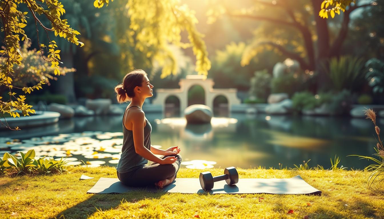 A serene, sun-dappled meditation garden with a peaceful pond and lush foliage. In the foreground, a person sits cross-legged, eyes closed, deeply focused on their breath. The middle ground features a pair of dumbbells and a yoga mat, symbolizing the connection between mindfulness and physical wellness. Soft, warm lighting bathes the scene, creating a vibrant, calming atmosphere that evokes a sense of inner harmony and balanced well-being.