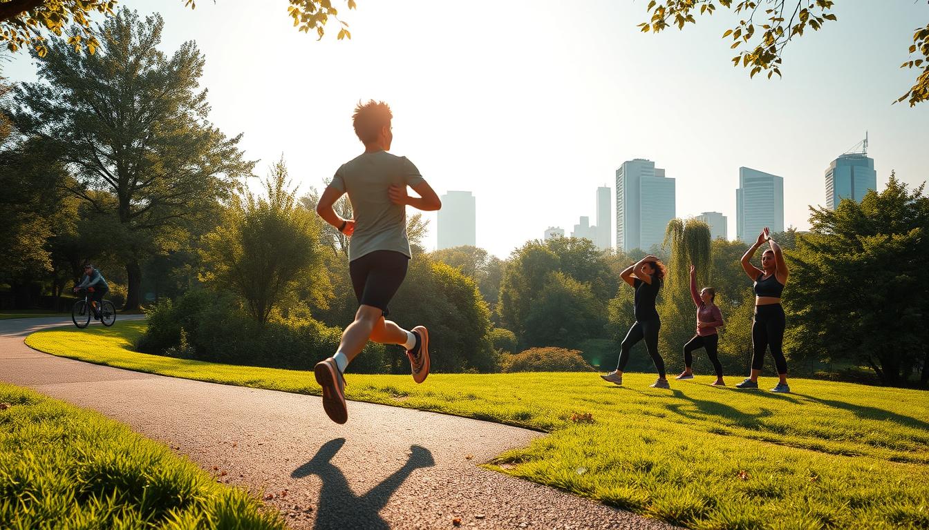 A serene, sun-dappled morning scene. In the foreground, a person jogging along a winding path, their stride vibrant and energetic. The middle ground features a lush, verdant park, with people of diverse ages and body types engaging in various fitness activities - cycling, yoga, tai chi. The background depicts a modern, glass-and-steel cityscape, hinting at the contrast between the natural and urban environments. The overall atmosphere is one of health, vitality, and a sense of personal empowerment in maintaining positive lifestyle changes. A serene, sun-dappled morning scene. In the foreground, a person jogging along a winding path, their stride vibrant and energetic. The middle ground features a lush, verdant park, with people of diverse ages and body types engaging in various fitness activities - cycling, yoga, tai chi. The background depicts a modern, glass-and-steel cityscape, hinting at the contrast between the natural and urban environments. The overall atmosphere is one of health, vitality, and a sense of personal empowerment in maintaining positive lifestyle changes.