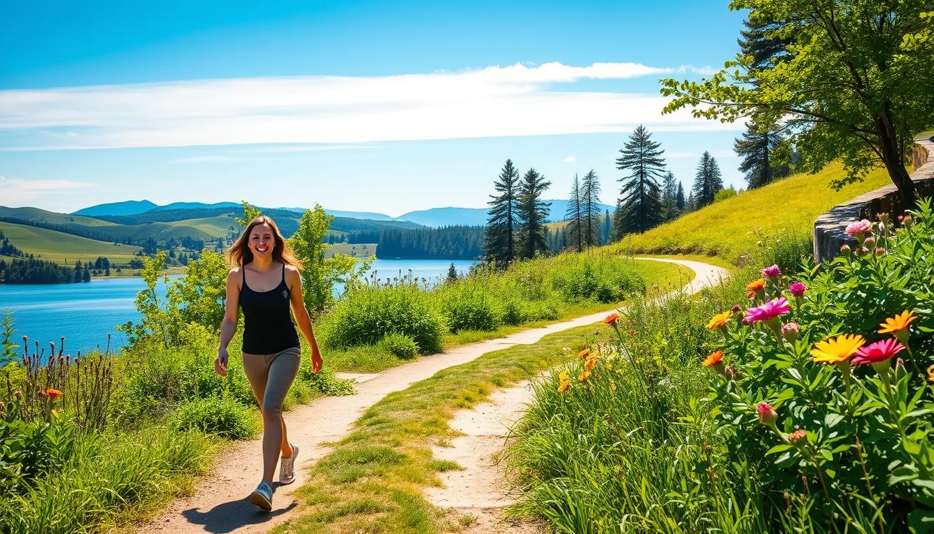 A serene, sun-dappled path winds through a lush, verdant landscape. In the foreground, a person walks with renewed energy, their face radiating contentment. Surrounding them, flourishing plants and flowers symbolize the blossoming of health and vitality. The middle ground features a tranquil lake, its calm waters reflecting the azure sky above. In the distance, rolling hills and towering trees create a sense of balance and harmony. The overall scene conveys a vibrant, inspirational journey towards wellness and personal transformation.