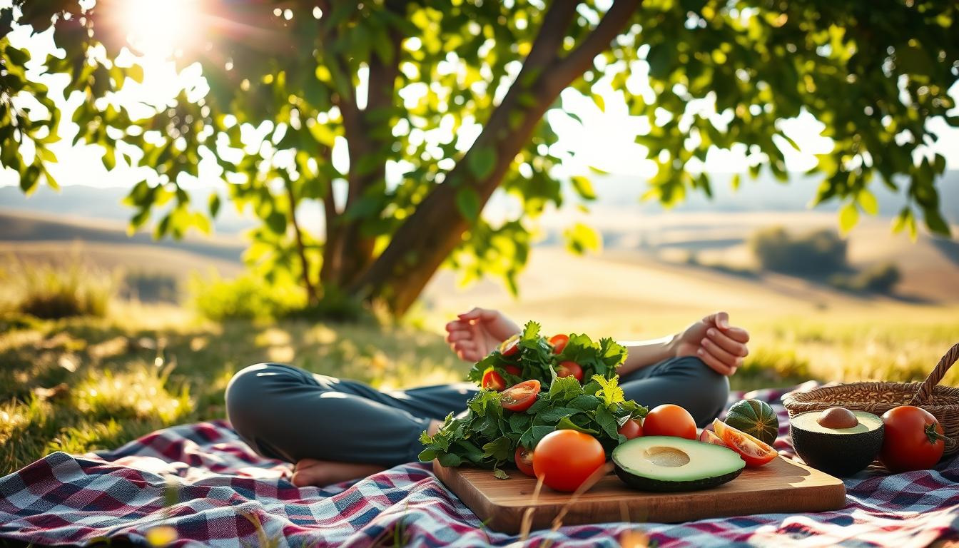 A serene, sun-dappled scene of a person sitting cross-legged on a picnic blanket, mindfully savoring a fresh, vibrant salad. The light filters through lush, verdant foliage, casting a warm, natural glow on the tranquil tableau. In the foreground, the individual's face is focused, eyes closed, radiating a sense of calm and presence as they fully engage with the flavors and textures of their meal. The middle ground features an assortment of whole, nutritious ingredients - crisp greens, juicy tomatoes, creamy avocado - artfully arranged on a wooden board. The background depicts a peaceful, pastoral landscape, with rolling hills and a distant horizon, evoking a sense of harmony and balance.