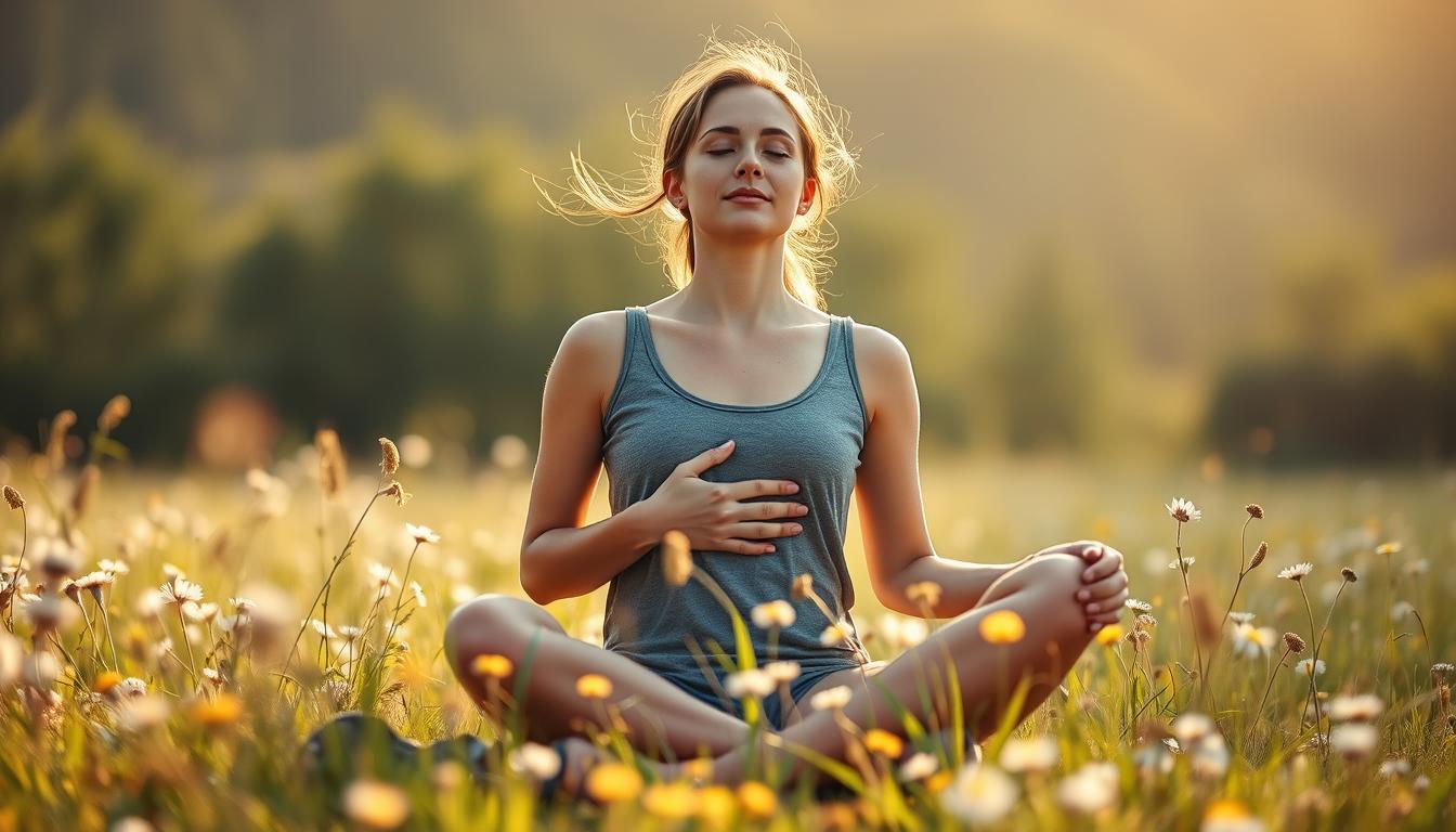 A serene, sun-dappled setting with a woman sitting cross-legged in a peaceful meadow, her eyes closed and expression tranquil. Gentle wisps of wind caress the wildflowers surrounding her, creating a vibrant, mindful atmosphere. The woman's posture is relaxed yet focused, with one hand resting on her lap and the other hand placed gently on her stomach, symbolizing the connection between her mind and body. Soft, diffused lighting casts a warm, glowing hue, accentuating the scene's tranquility and inviting the viewer to enter a state of present-moment awareness. This image captures the essence of mindfulness as a tool for weight loss, fostering a sense of inner calm and self-acceptance. A serene, sun-dappled setting with a woman sitting cross-legged in a peaceful meadow, her eyes closed and expression tranquil. Gentle wisps of wind caress the wildflowers surrounding her, creating a vibrant, mindful atmosphere. The woman's posture is relaxed yet focused, with one hand resting on her lap and the other hand placed gently on her stomach, symbolizing the connection between her mind and body. Soft, diffused lighting casts a warm, glowing hue, accentuating the scene's tranquility and inviting the viewer to enter a state of present-moment awareness. This image captures the essence of mindfulness as a tool for weight loss, fostering a sense of inner calm and self-acceptance.