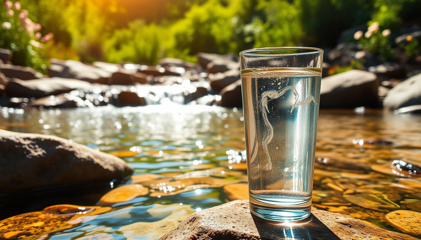 A serene, sun-dappled spring in a lush, verdant landscape. Crystalline water cascades gently over smooth rocks, its surface sparkling with the reflected rays of the warm sun. The air is fresh and rejuvenating, filled with the scent of blooming wildflowers. In the foreground, a glass of the pure, vibrant spring water stands, its transparency and clarity highlighting the natural, life-giving essence of this natural wonder. The overall scene conveys a sense of harmony, purity, and the revitalizing power of nature's hydration solution.