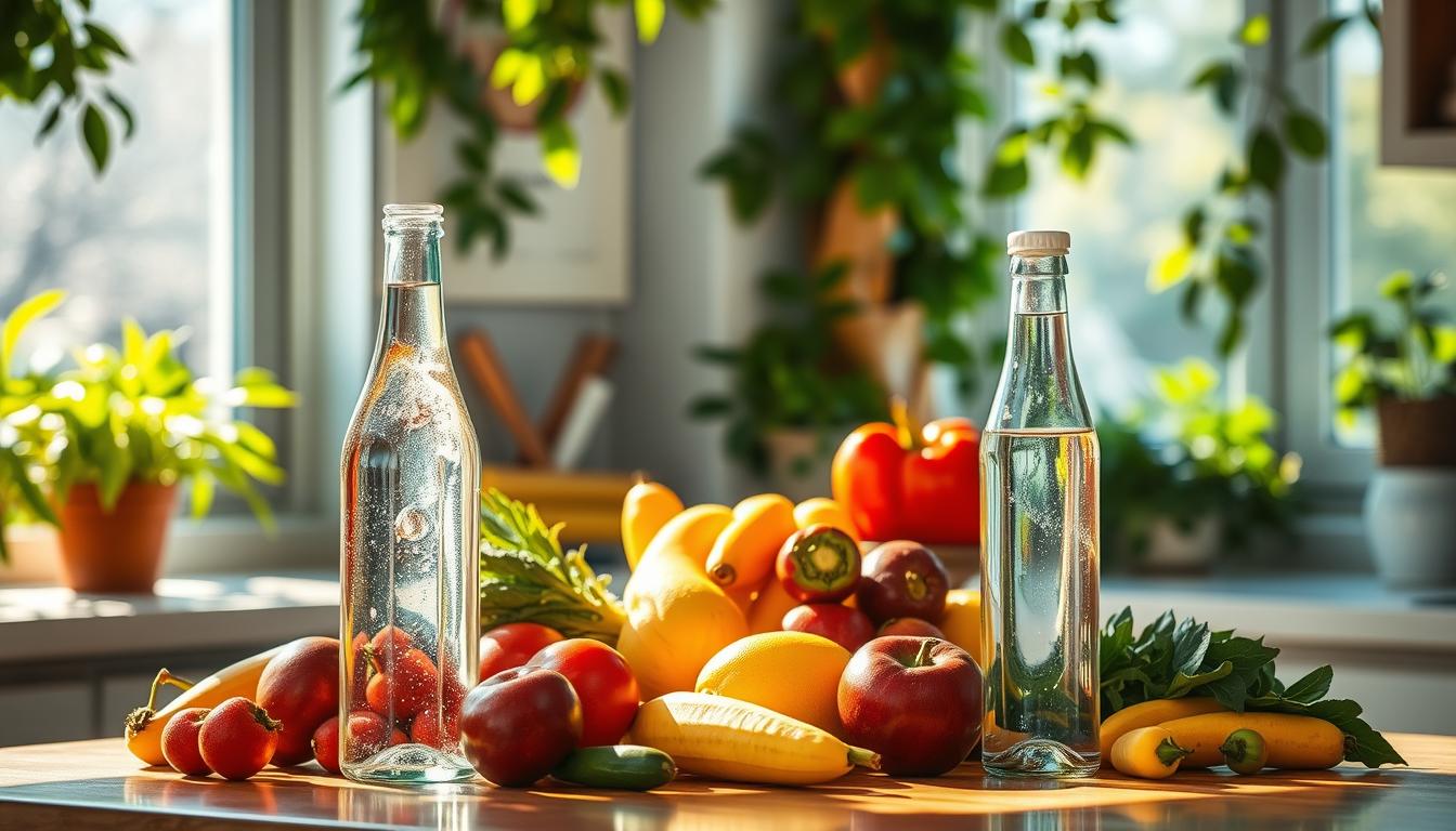 A serene, sun-drenched kitchen countertop, adorned with a variety of fresh fruits and vegetables, stands as the focal point. Sleek glass bottles filled with crystal-clear water catch the warm, vibrant light, emanating a sense of purity and hydration. In the background, lush, verdant foliage frames the scene, creating a soothing, naturalistic atmosphere. The overall composition conveys a vibrant, healthy, and rejuvenating ambiance, inviting the viewer to hydrate and nourish their body for a healthier wellbeing.