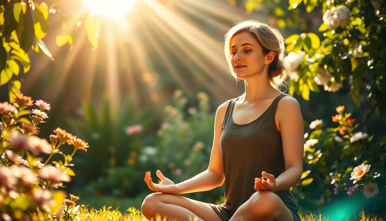 A serene, sunlit garden bathed in a warm, golden glow. In the foreground, a woman seated in a meditative pose, her palms resting gently on her lap, eyes closed in a state of tranquil contemplation. Lush, vibrant greenery and blooming flowers surround her, creating a soothing, natural backdrop. Rays of light filter through the leaves, casting a soft, diffused illumination on the scene. The atmosphere exudes a sense of mindfulness, gratitude, and holistic well-being, inviting the viewer to pause and reflect on the simple joys of the present moment. A serene, sunlit garden bathed in a warm, golden glow. In the foreground, a woman seated in a meditative pose, her palms resting gently on her lap, eyes closed in a state of tranquil contemplation. Lush, vibrant greenery and blooming flowers surround her, creating a soothing, natural backdrop. Rays of light filter through the leaves, casting a soft, diffused illumination on the scene. The atmosphere exudes a sense of mindfulness, gratitude, and holistic well-being, inviting the viewer to pause and reflect on the simple joys of the present moment.