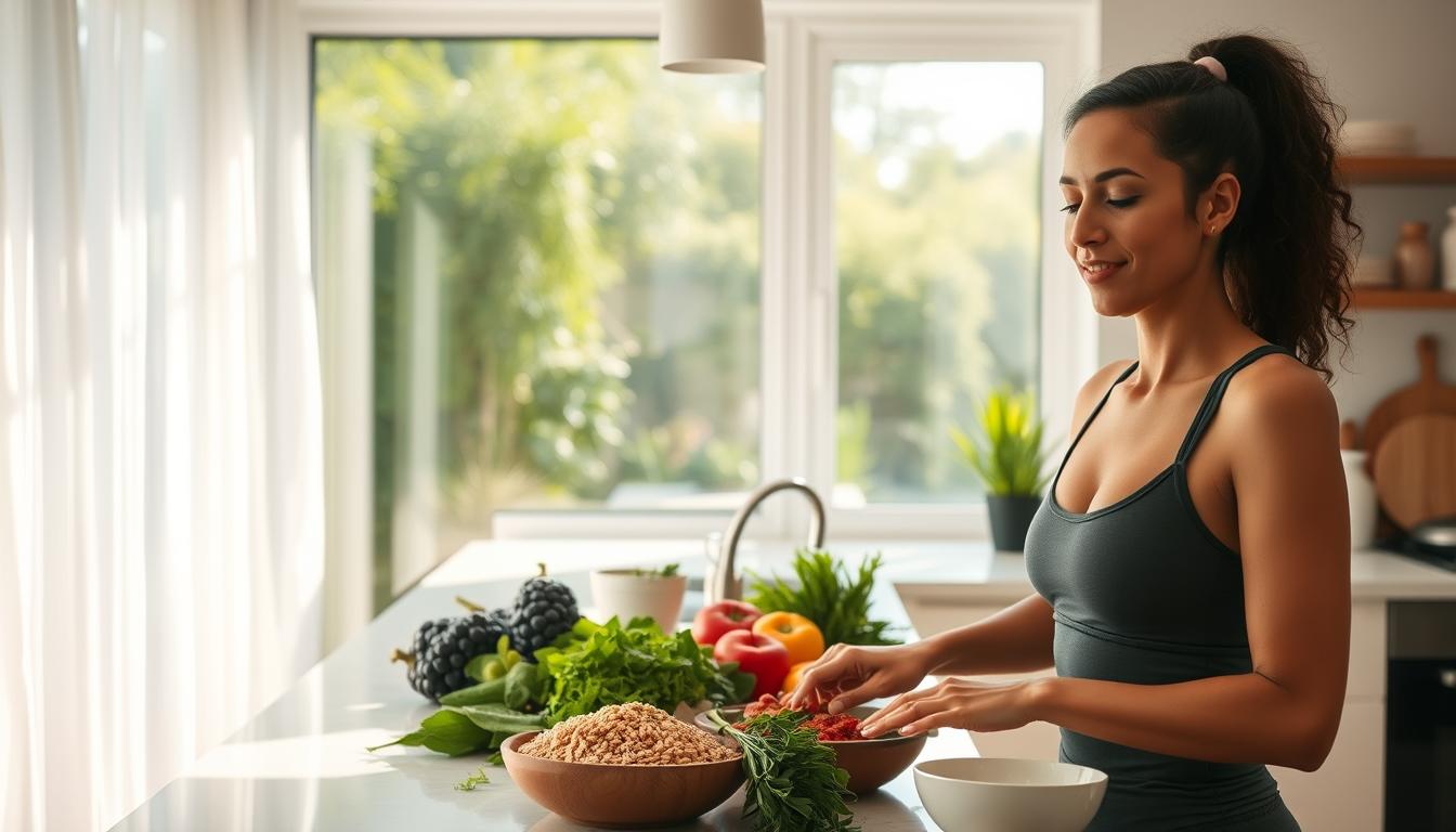 A serene, sunlit kitchen with a modern, airy atmosphere. In the foreground, a person in activewear carefully preparing a healthy, plant-based meal, their face radiating a sense of mindfulness and well-being. In the middle ground, a variety of fresh produce, whole grains, and herbs are arranged on the countertop, symbolizing a balanced, nutrient-rich diet. The background showcases a panoramic window overlooking a lush, verdant garden, evoking a connection to nature and a tranquil, rejuvenating lifestyle. The overall scene conveys a vibrant, energizing atmosphere that promotes a healthy metabolism. A serene, sunlit kitchen with a modern, airy atmosphere. In the foreground, a person in activewear carefully preparing a healthy, plant-based meal, their face radiating a sense of mindfulness and well-being. In the middle ground, a variety of fresh produce, whole grains, and herbs are arranged on the countertop, symbolizing a balanced, nutrient-rich diet. The background showcases a panoramic window overlooking a lush, verdant garden, evoking a connection to nature and a tranquil, rejuvenating lifestyle. The overall scene conveys a vibrant, energizing atmosphere that promotes a healthy metabolism.