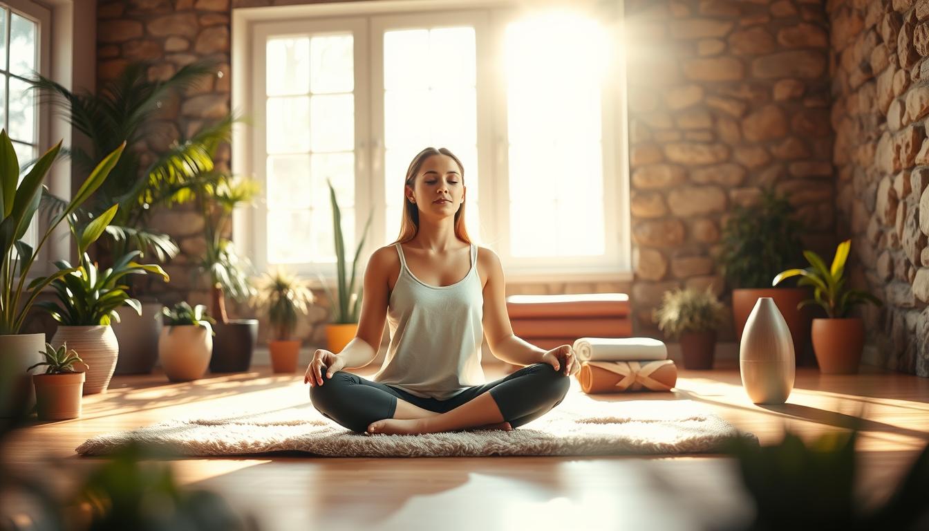 A serene, sunlit meditation studio with soft, natural lighting filtering through large windows. In the foreground, a young woman sits cross-legged on a plush, cushioned mat, her eyes closed and expression calm as she practices mindful breathing. Around her, potted plants and a warm, earthy color palette create a vibrant, grounding atmosphere. In the middle ground, a stack of rolled yoga mats and an essential oil diffuser add to the tranquil ambiance. The background features a wall of natural stone, evoking a sense of connection with the outdoors and a peaceful, meditative state.