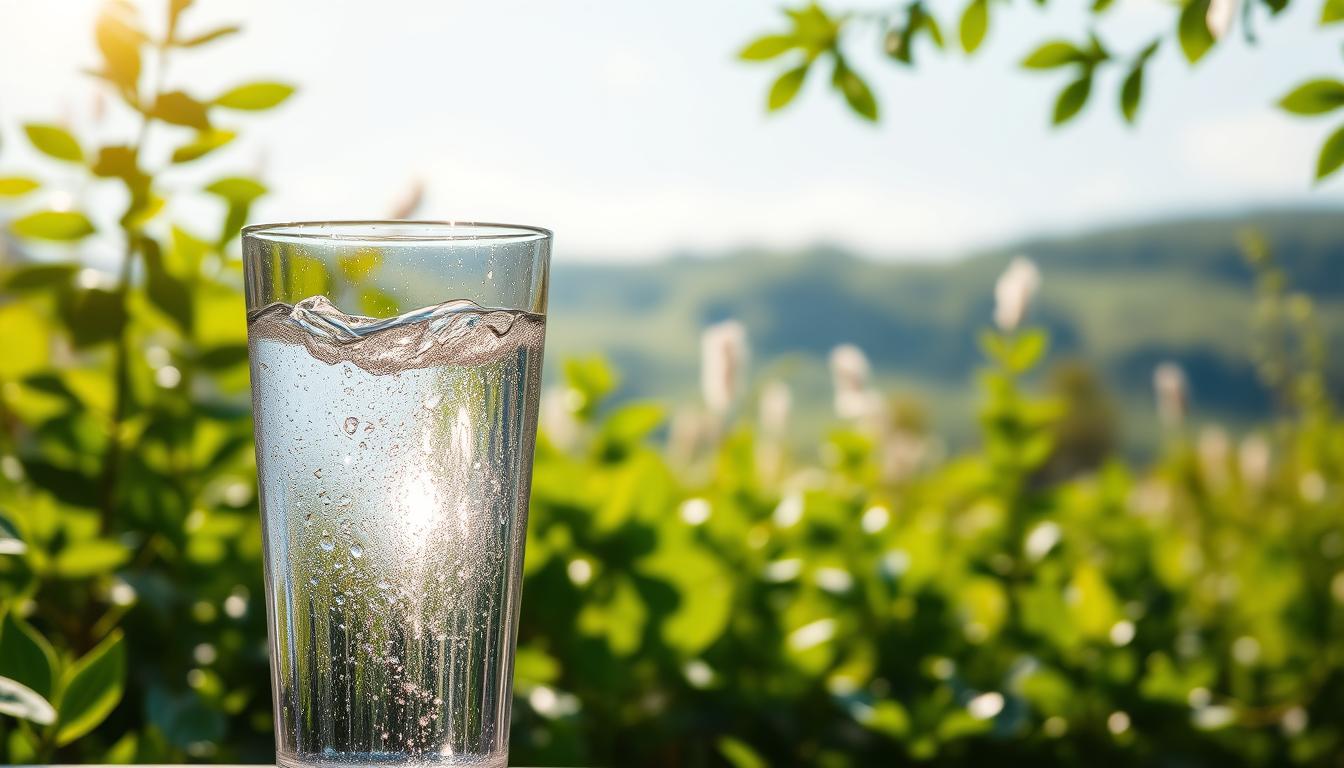 A serene, sunlit scene depicting the benefits of structured water. In the foreground, a clear glass filled with shimmering, crystalline water, its surface rippling with a subtle energy. In the middle ground, lush, verdant plants thrive, their leaves glistening with water droplets. The background features a tranquil, natural landscape - perhaps a sun-dappled forest or a vibrant meadow. The overall atmosphere is one of vitality, purity, and a deep connection to the natural world. Soft, diffused lighting bathes the scene in a warm, vibrant glow, emphasizing the life-giving properties of this structured, molecularly-aligned water.