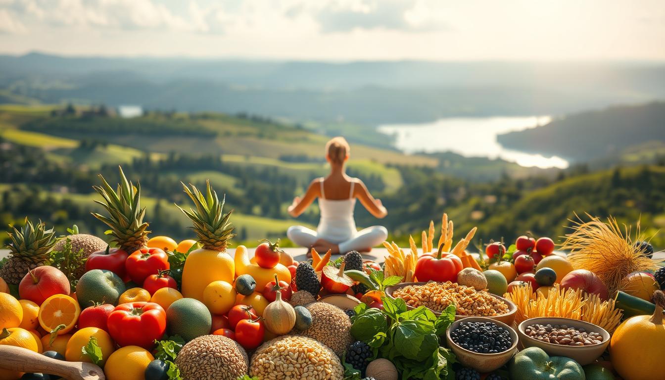 A serene, sunlit scene depicting the holistic balance of nutrition. In the foreground, an abundance of freshly harvested fruits, vegetables, and whole grains arranged in a visually striking composition. The middle ground features a person performing gentle yoga or meditation, embodying a sense of mindfulness and inner harmony. In the background, a lush, verdant landscape with rolling hills and a tranquil body of water, bathed in warm, vibrant lighting that evokes a sense of balance and well-being. The overall atmosphere is one of vitality, thoughtfulness, and a harmonious integration of diet, lifestyle, and supplementation for holistic health.