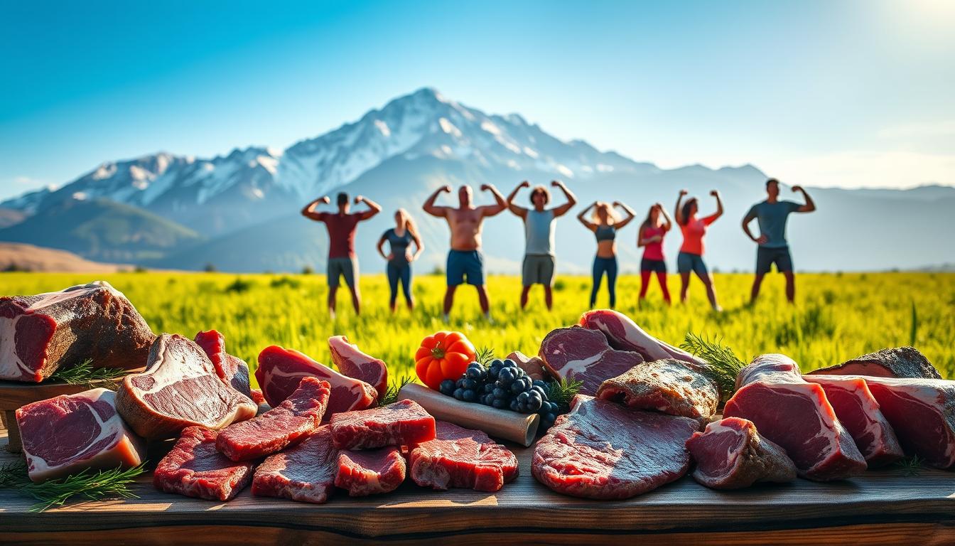A serene, sunny meadow with lush, verdant grass stretches out before a majestic, snow-capped mountain range. In the foreground, a bountiful harvest of freshly butchered meats, including succulent steaks, tender roasts, and juicy chops, is artfully arranged on a rustic wooden table. The meats are bathed in a warm, golden light, their rich colors and marbling accentuated. In the middle ground, a group of energetic, vibrant individuals engage in various physical activities, such as lifting weights or engaging in high-intensity exercises, showcasing the boundless energy and vitality that the carnivore diet can provide. The overall scene conveys a sense of abundance, health, and the many benefits of embracing a carnivore lifestyle.