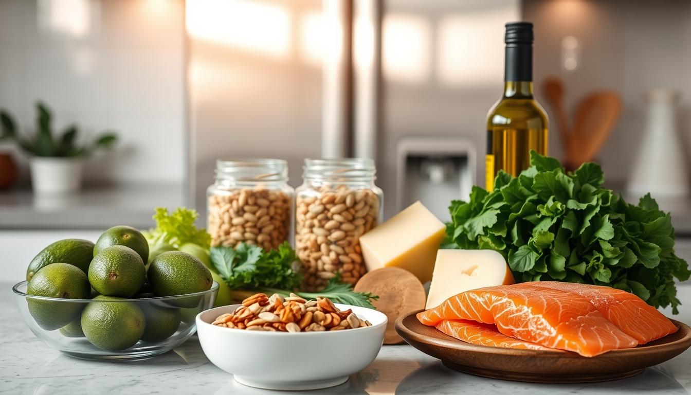 A serene, well-lit kitchen countertop showcases an array of keto-friendly ingredients. In the foreground, a bowl of avocados, a stack of salmon fillets, and a bundle of fresh green leafy vegetables. In the middle ground, a glass jar filled with keto-friendly nuts and seeds, a wedge of creamy cheese, and a bottle of high-quality extra virgin olive oil. The background features a sleek, stainless steel appliance, casting a soft, warm glow over the scene. The overall atmosphere is one of vibrant, natural health and wellness, perfectly capturing the essence of the ketogenic diet. A serene, well-lit kitchen countertop showcases an array of keto-friendly ingredients. In the foreground, a bowl of avocados, a stack of salmon fillets, and a bundle of fresh green leafy vegetables. In the middle ground, a glass jar filled with keto-friendly nuts and seeds, a wedge of creamy cheese, and a bottle of high-quality extra virgin olive oil. The background features a sleek, stainless steel appliance, casting a soft, warm glow over the scene. The overall atmosphere is one of vibrant, natural health and wellness, perfectly capturing the essence of the ketogenic diet.