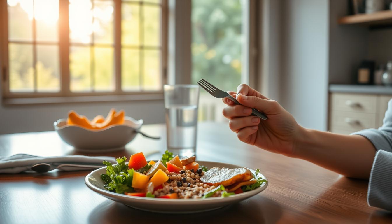 A serene, well-lit kitchen table set with a healthy, colorful meal. In the foreground, a person's hands gently hold a fork, pausing thoughtfully before taking a bite. The lighting is soft and natural, casting a warm glow over the scene. In the middle ground, a glass of water and a simple ceramic plate filled with a variety of fresh, vibrant vegetables, grains, and a lean protein. The background features a large window overlooking a peaceful, verdant outdoor space, inviting the viewer to slow down and savor the moment. An atmosphere of mindfulness, gratitude, and nourishment permeates the scene. A serene, well-lit kitchen table set with a healthy, colorful meal. In the foreground, a person's hands gently hold a fork, pausing thoughtfully before taking a bite. The lighting is soft and natural, casting a warm glow over the scene. In the middle ground, a glass of water and a simple ceramic plate filled with a variety of fresh, vibrant vegetables, grains, and a lean protein. The background features a large window overlooking a peaceful, verdant outdoor space, inviting the viewer to slow down and savor the moment. An atmosphere of mindfulness, gratitude, and nourishment permeates the scene.