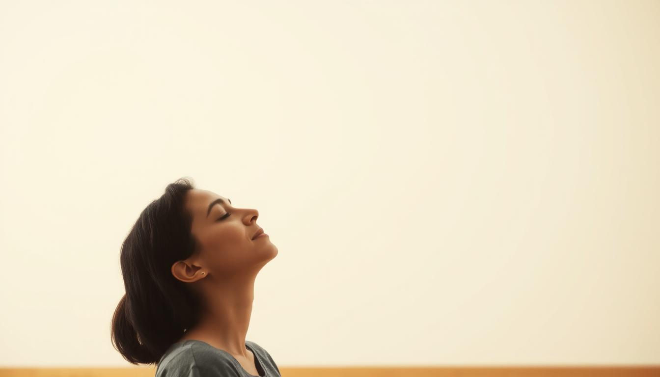 A serene, well-lit scene depicting a person deeply engaged in mindful breathing exercises to support their metabolism. The subject is situated in the foreground, eyes closed and expression peaceful, as they inhale and exhale with conscious control. The middle ground features a minimalist, vibrant backdrop, perhaps a plain wall or natural setting, creating a sense of focus and tranquility. The background layers in subtle, muted tones, gently framing the central figure and their breath-centric practice. Soft, diffused lighting imbues the scene with a calming, almost ethereal quality, emphasizing the transformative power of the breathwork technique.