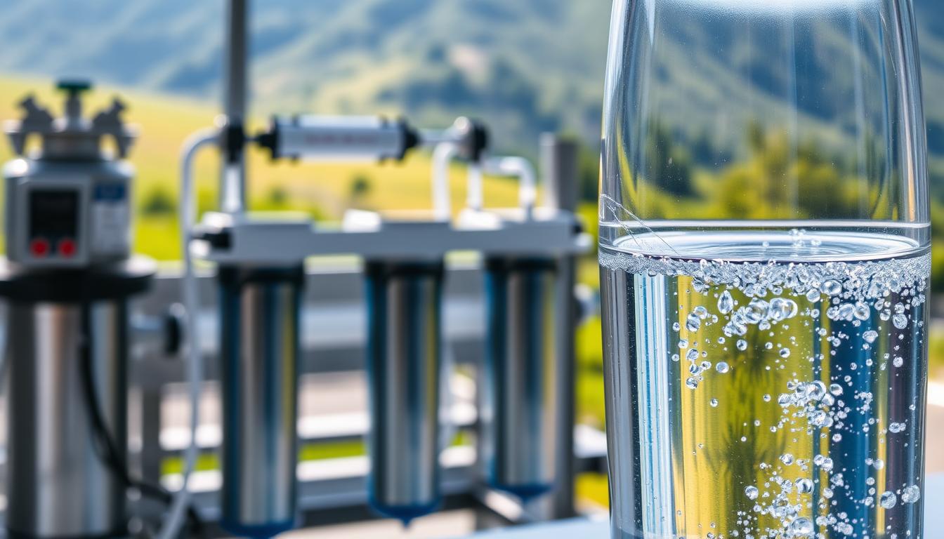 A serene, well-lit scene showcasing the process of water purification. In the foreground, a transparent glass container holds crystal-clear, sparkling water, reflecting the light from overhead. In the middle ground, a series of water filters, membranes, and treatment systems are neatly arranged, each playing a vital role in the water purification journey. The background features a vibrant, verdant landscape, hinting at the natural sources of this precious resource. The overall atmosphere is one of tranquility, efficiency, and a commitment to delivering clean, healthy water.