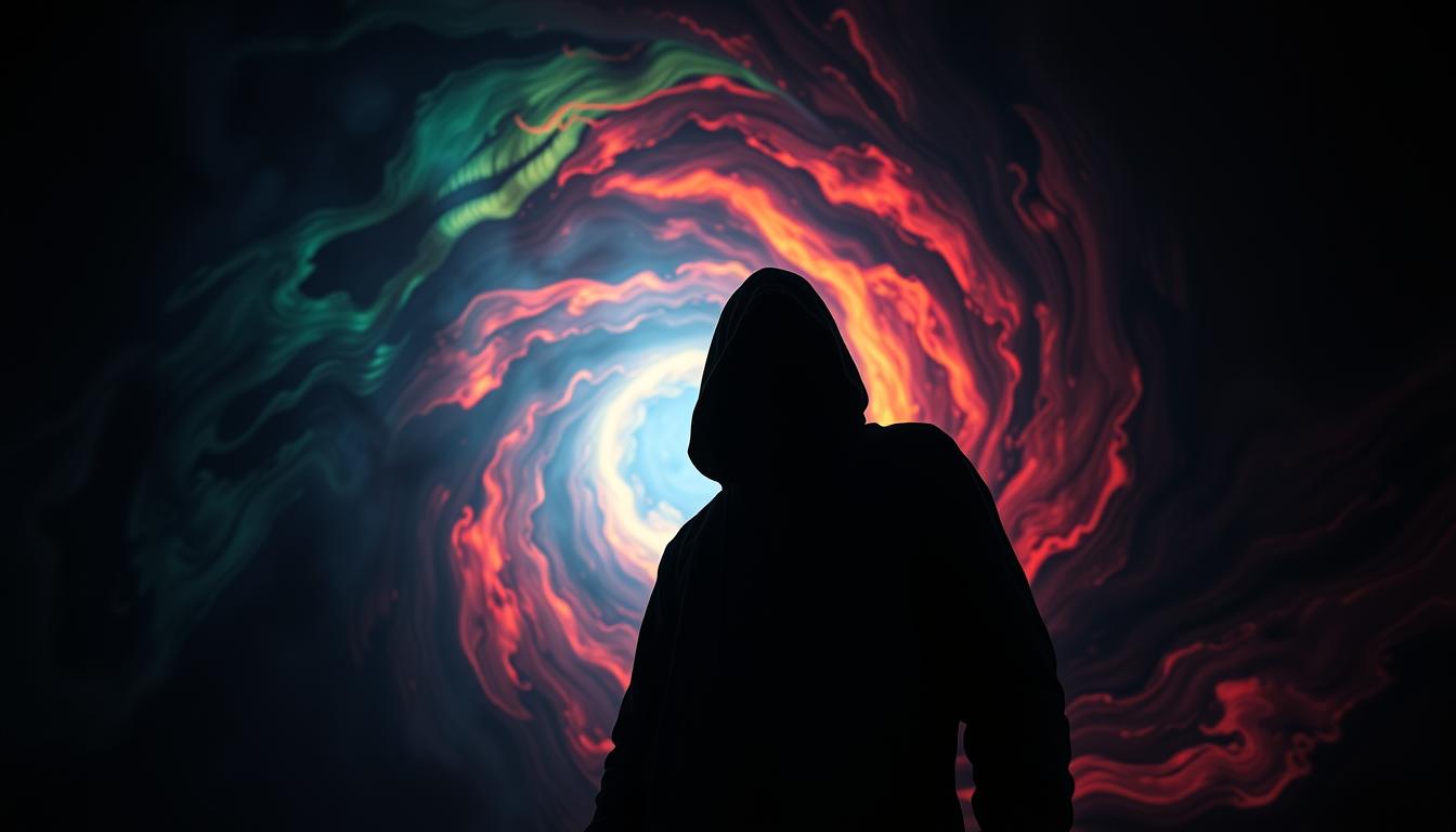 A shadowy figure stands in the foreground, their face obscured by a sinister aura. Behind them, a swirling vortex of vibrant colors and ominous shapes, hinting at the unpredictable and potentially dangerous side effects of the supplement. The lighting is moody and dramatic, casting deep shadows and highlighting the sense of unease. The camera angle is low, adding to the sense of foreboding and emphasizing the ominous presence of the figure. The overall atmosphere is one of unease and uncertainty, reflecting the potential risks associated with the supplement.