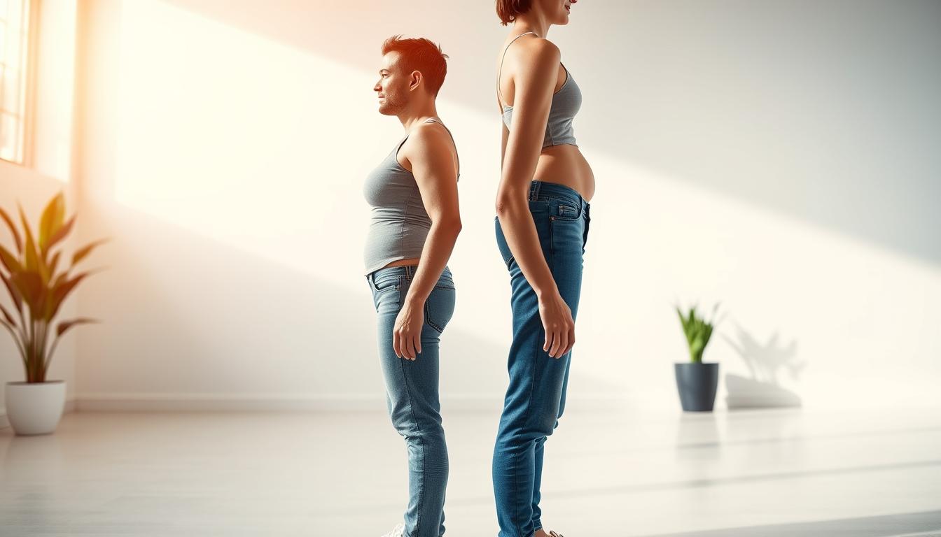 A side-by-side comparison of two people, one with a fuller figure and one with a slimmer build, standing in a vibrant, well-lit setting. The foreground focuses on their bodies, showcasing the physical transformation, while the background features a clean, minimalist space that allows the figures to stand out. The lighting is soft and flattering, highlighting the contours of their physiques. The overall atmosphere conveys a sense of progress, vitality, and the potential for positive change.
