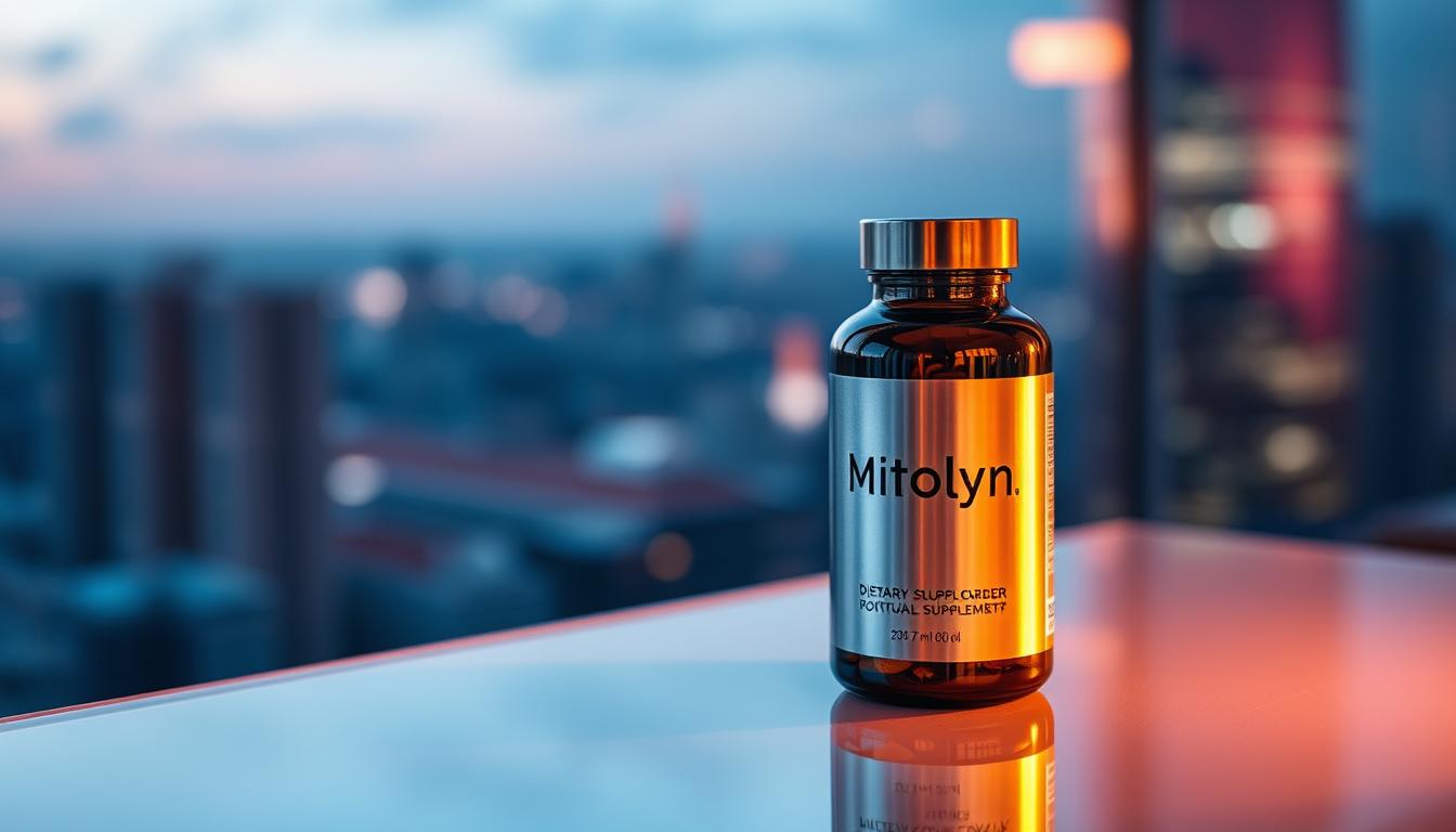 A sleek and elegant bottle of Mitolyn dietary supplement rests on a minimalist glass tabletop, bathed in warm, vibrant lighting. The bottle's metallic label gleams, drawing the eye to the product's name and branding. In the background, a blurred cityscape or nature scene provides a serene, almost dreamlike backdrop, emphasizing the high-quality, premium nature of the supplement. The composition is clean, balanced, and conveys a sense of luxury and well-being, reflecting the potential benefits of incorporating Mitolyn into one's lifestyle.