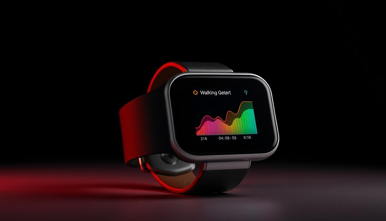 A sleek and modern fitness tracker featuring a large, high-resolution display against a minimalist black background. The tracker's screen showcases a vibrant, colorful graph representing the user's daily step count and walking progress over time. The device's design is elegant, with clean lines and a polished, metallic casing. Soft, ambient lighting illuminates the tracker, creating a warm and inviting atmosphere. The overall composition emphasizes the tracker's intuitive interface and ability to precisely track and visualize the user's walking activity, encouraging them to stay motivated and achieve their fitness goals.