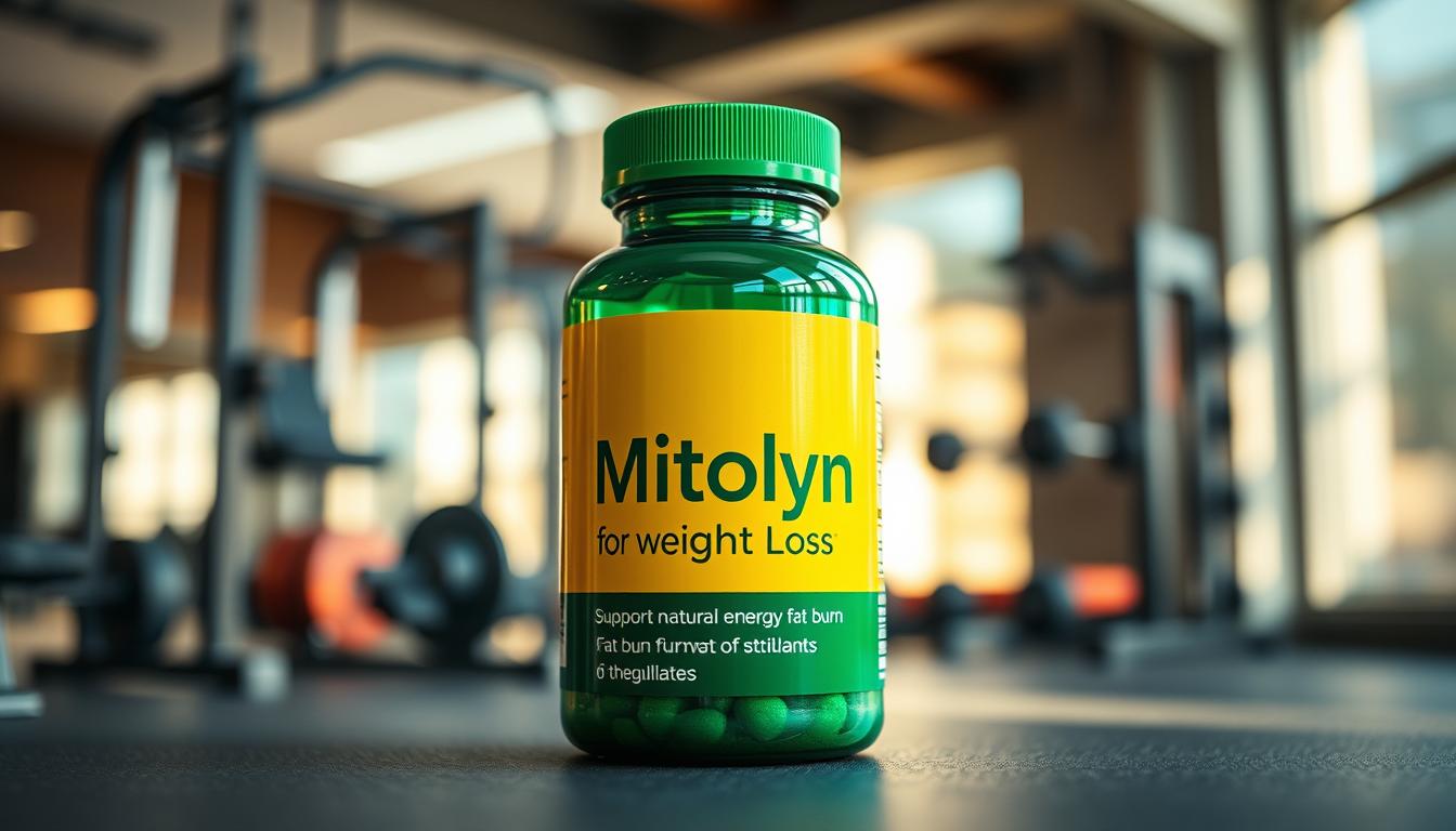 A sleek, capsule-shaped nutritional supplement bottle in the foreground, with a vibrant green and yellow color scheme. The bottle is set against a blurred background of fitness equipment and a gym environment, conveying a sense of health and wellness. Warm, natural lighting illuminates the scene, casting subtle shadows and highlights on the bottle's surface. The label on the bottle prominently features the text "Mitolyn for Weight Loss" in a clean, modern font, capturing the essence of the product's purpose. The overall composition and mood suggest the potential for Mitolyn to support natural energy and fat burn without the use of stimulants.
