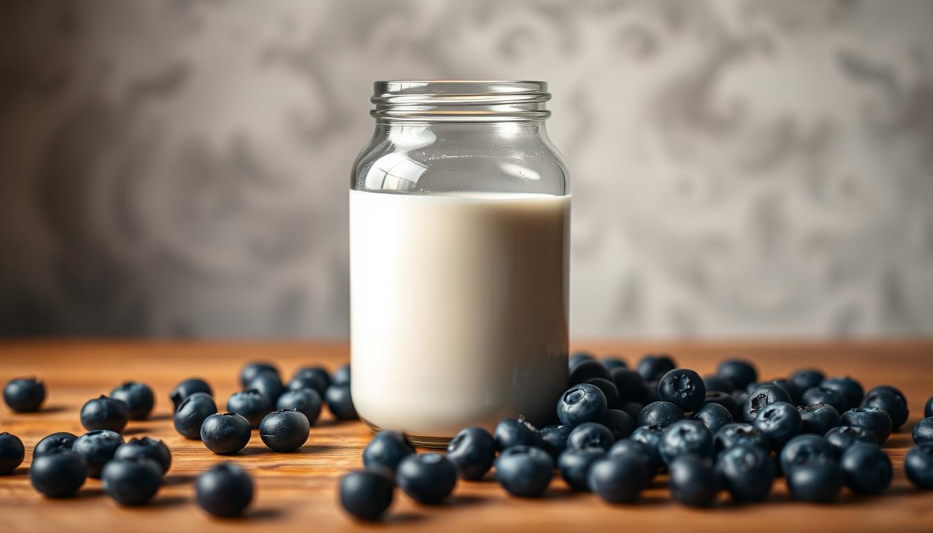 A sleek glass container filled with creamy white whey protein powder sits atop a smooth wooden surface, surrounded by a scattering of plump, juicy blueberries. Warm, diffused lighting casts a soft, inviting glow, highlighting the vibrant hues and textures. In the background, a clean, minimalist backdrop of muted greys and whites provides a serene, uncluttered environment, allowing the focal point - the muscle-preserving, fat-burning essence of the whey protein - to take center stage. The overall mood is one of purity, health, and a sense of effortless vitality.