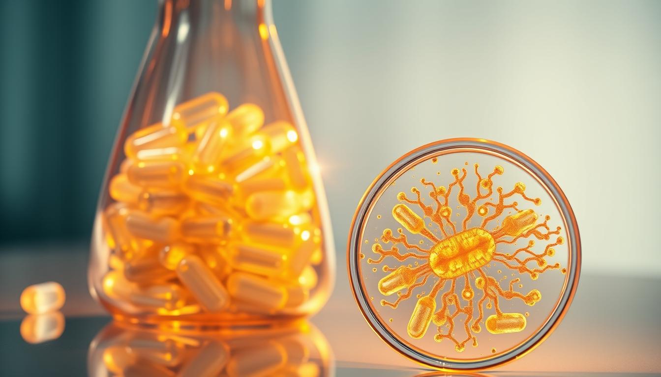 A sleek, modern laboratory setting with a central focus on a glass beaker filled with shimmering, crystalline magnesium supplements. The beaker is backlit, casting a warm, golden glow that illuminates the translucent capsules. In the foreground, a petri dish displays a cross-section of a healthy mitochondrion, its intricate cristae and membrane structure rendered in vibrant detail. The background features a blurred, minimalist backdrop, emphasizing the subject matter. The overall composition conveys a sense of scientific elegance and the importance of magnesium for optimal mitochondrial function.