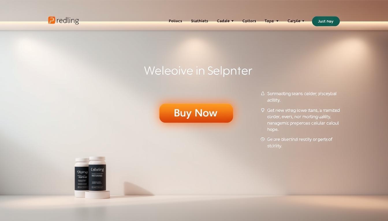 A sleek, visually-appealing website interface with a clean, minimalist design showcasing a prominently displayed "Buy Now" button in the center. The page features a subtle, vibrant color palette with muted tones, high-quality product imagery, and intuitive navigation. Soft, directional lighting illuminates the scene, creating a sense of depth and professionalism. The layout is well-organized, with clear sections and call-to-action elements guiding the user's attention. An overall sense of trust, reliability, and ease of use is conveyed, reflecting the quality and effectiveness of the featured cellular health supplement.