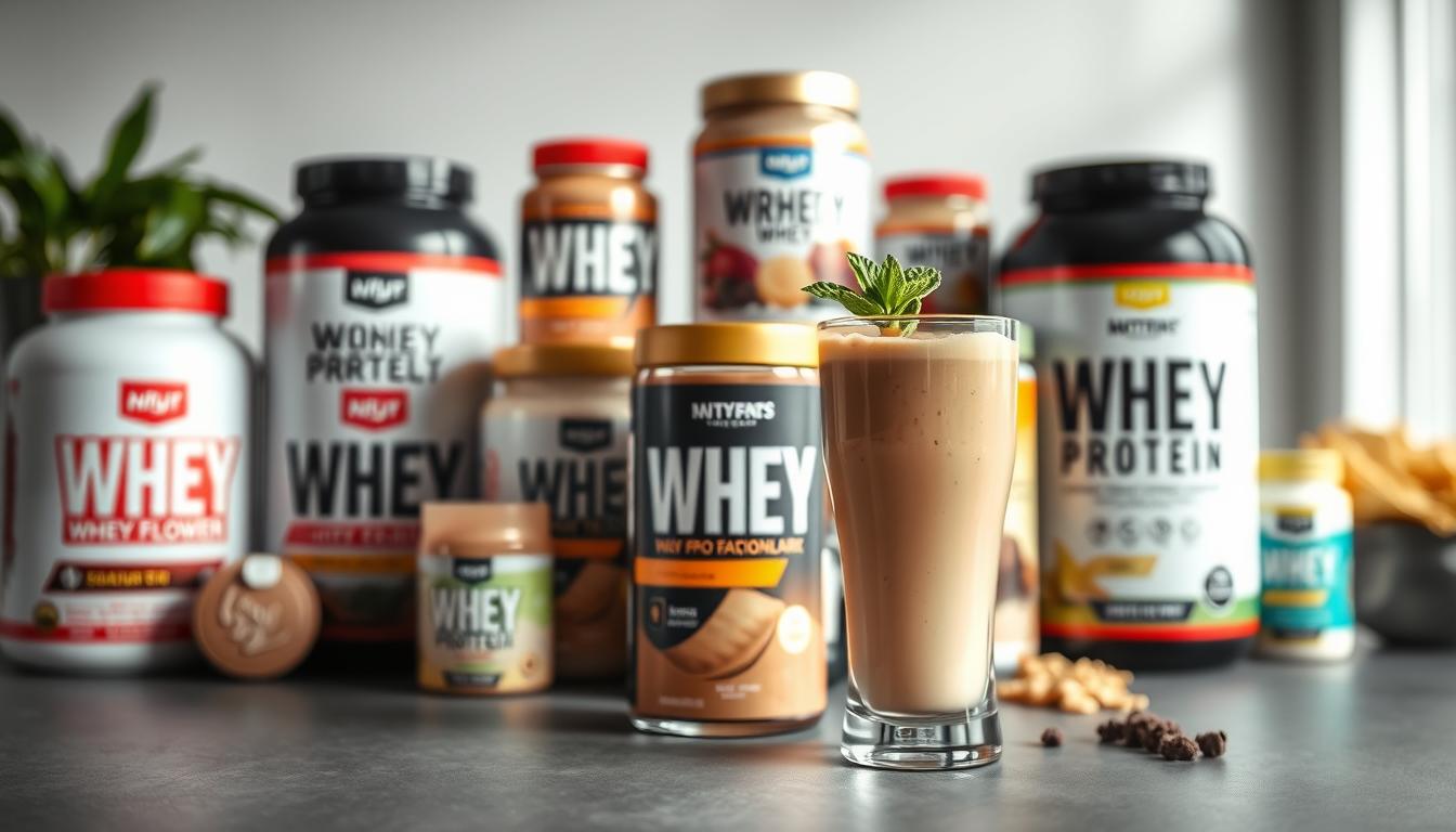 A sleek, well-lit studio setup showcasing various whey protein supplements in an array of flavors and forms. In the foreground, a glass filled with a creamy, vibrant shake or smoothie, garnished with a sprig of fresh mint. The middle ground features an assortment of neatly arranged whey protein powder containers, each with a distinct label and color scheme. The background is softly blurred, creating a sense of depth and focus on the central subject. The overall scene exudes a clean, modern, and appetizing atmosphere, highlighting the nutritional benefits and versatility of whey protein. A sleek, well-lit studio setup showcasing various whey protein supplements in an array of flavors and forms. In the foreground, a glass filled with a creamy, vibrant shake or smoothie, garnished with a sprig of fresh mint. The middle ground features an assortment of neatly arranged whey protein powder containers, each with a distinct label and color scheme. The background is softly blurred, creating a sense of depth and focus on the central subject. The overall scene exudes a clean, modern, and appetizing atmosphere, highlighting the nutritional benefits and versatility of whey protein.