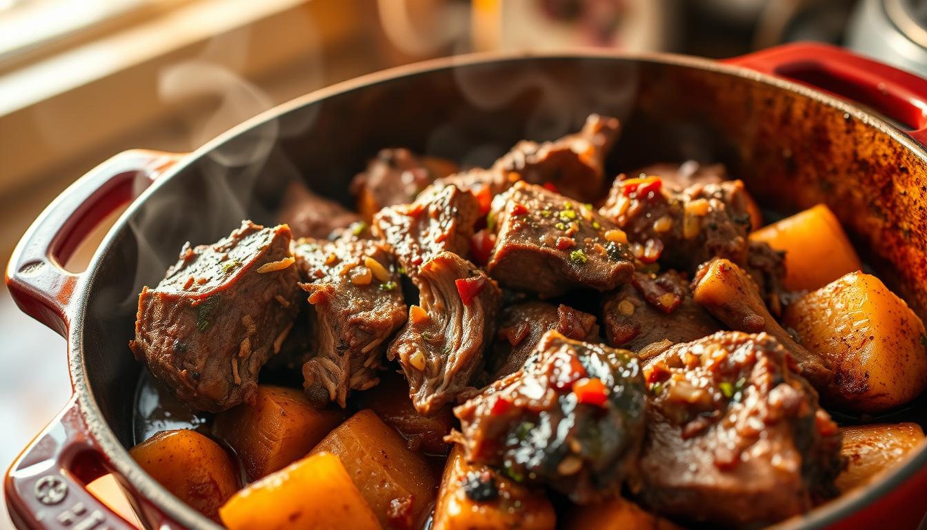 A slow-cooked beef brisket simmers in a cast-iron Dutch oven, its savory aroma wafting through a cozy kitchen bathed in warm, golden light. Tender chunks of meat, infused with the depth of spices and herbs, are nestled atop a bed of hearty root vegetables, their soft textures and caramelized edges beckoning. A vibrant, colorful scene that celebrates the art of transforming tough cuts into a delectable, budget-friendly meal, perfect for the carnivore's table.