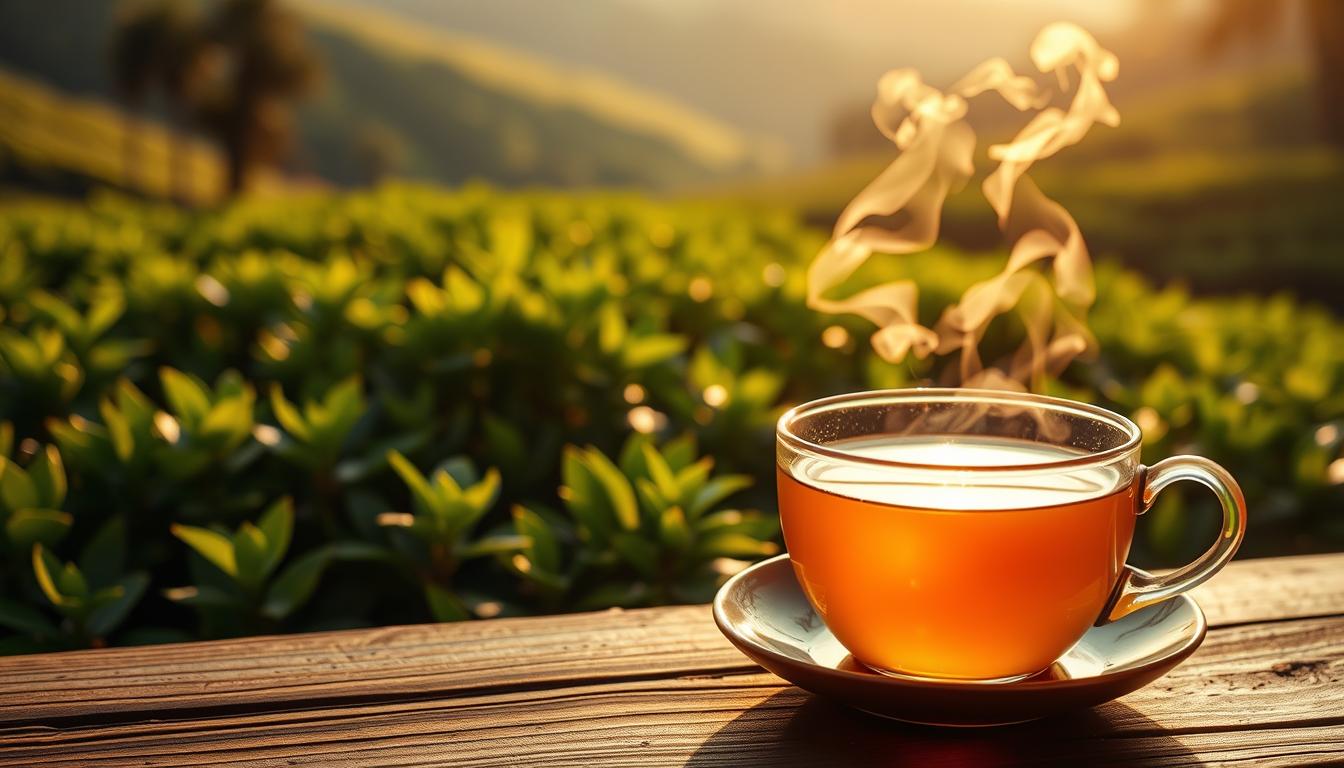 A steaming cup of oolong tea sits atop a wooden table, its fragrant steam rising gently. In the background, a lush green tea plant with vibrant leaves occupies the middle ground, surrounded by a serene, natural landscape. The lighting is warm and inviting, casting a soft, golden glow over the scene. The overall mood is one of tranquility and the promise of health benefits, reflecting the dual-action fat-burning properties of this unique tea.