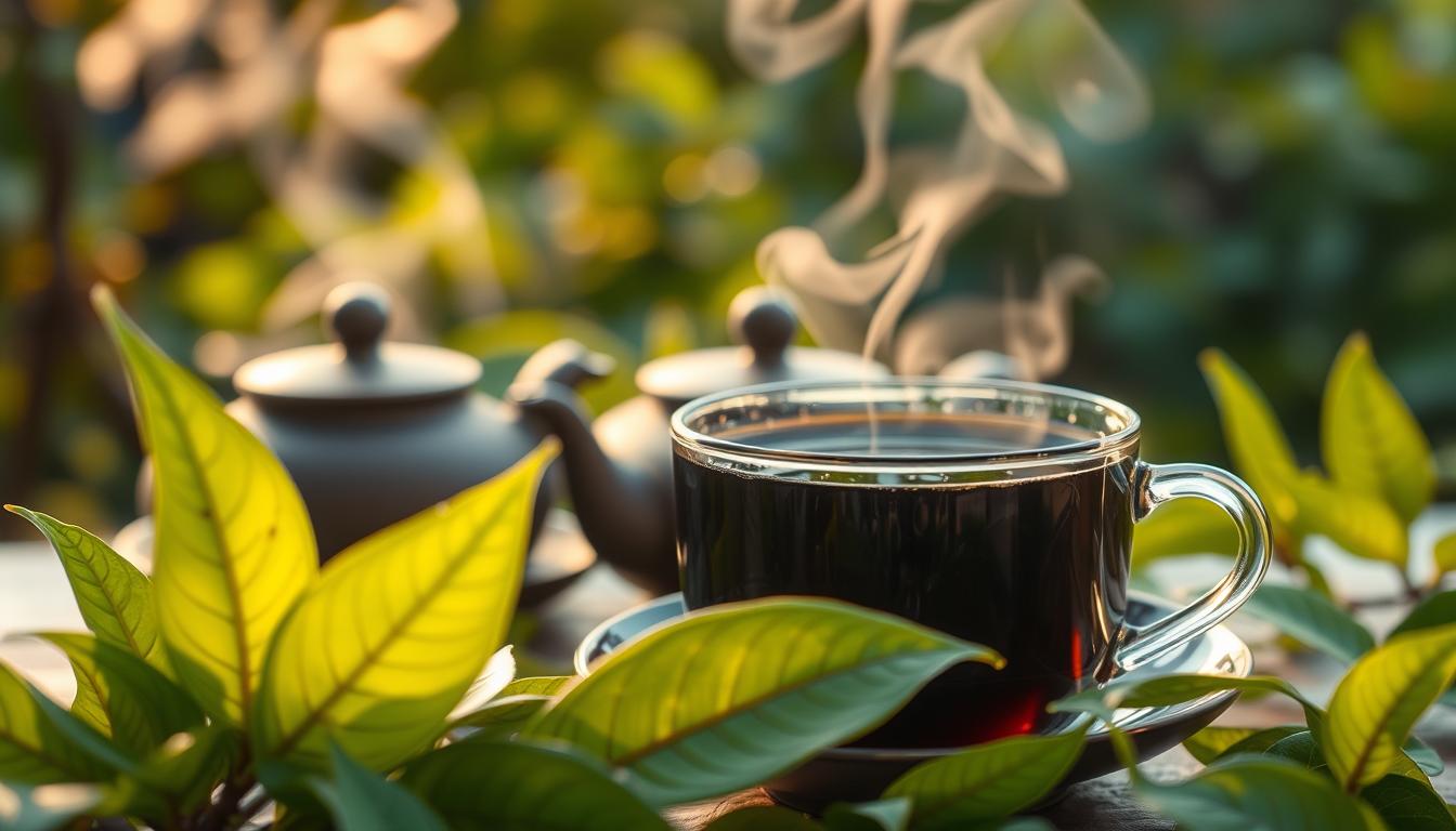 A steaming cup of puerh tea, its dark, earthy hues reflecting the rich history of this ancient fermented elixir. In the foreground, vibrant green leaves, their delicate veins hinting at the complex flavors within. The middle ground reveals a teapot, its elegant curves suggesting the ritual and care involved in the puerh preparation. In the background, a serene, natural setting, with lush foliage and a warm, golden light, evoking the tranquility and balance this tea promises to bring. The overall atmosphere conveys a sense of wellness, vitality, and the promise of natural weight management.