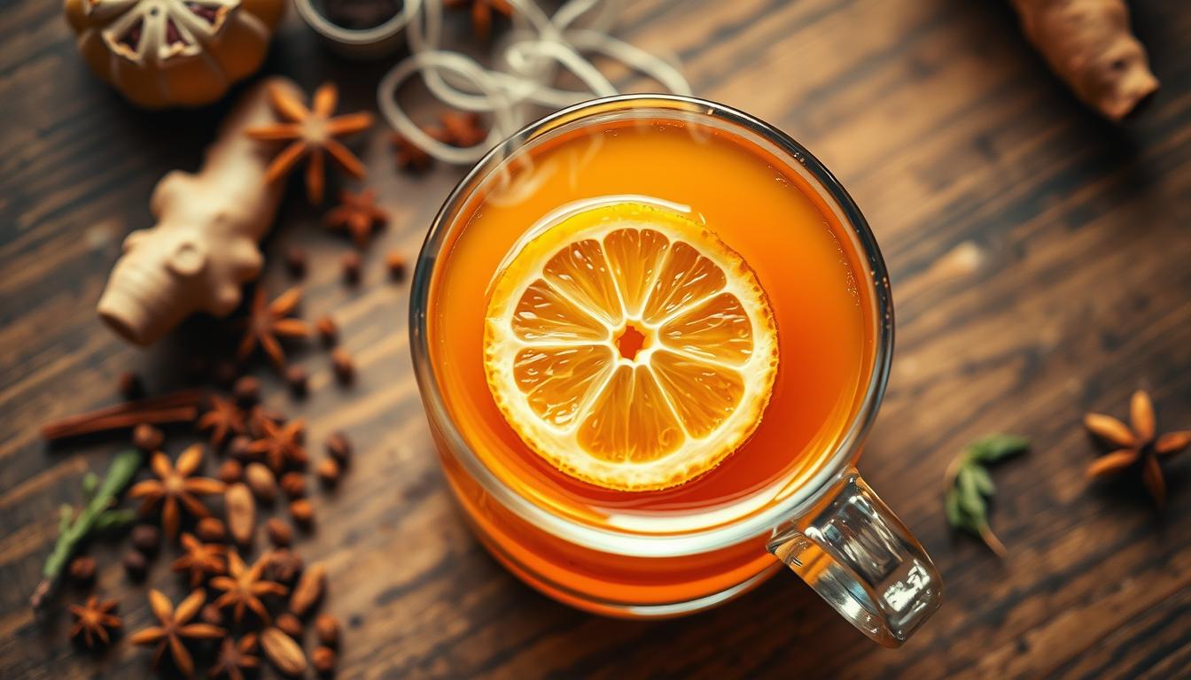 A steaming mug of ginger tea, its amber liquid illuminated by warm, soft lighting. Freshly grated ginger root and a slice of lemon float atop the surface, exuding a vibrant, earthy aroma. The mug sits on a wooden table, surrounded by scattered spices and herbs, creating a cozy, inviting atmosphere. The composition is shot from a slight overhead angle, emphasizing the vibrant hues and natural textures of the scene. This image captures the essence of ginger tea as a thermogenic powerhouse, a soothing and invigorating beverage that can help boost metabolism.