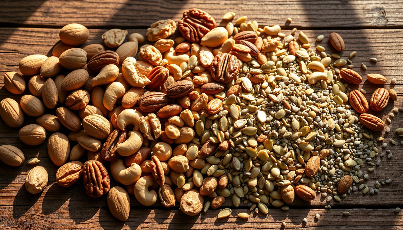 A still life arrangement of an assortment of nutrient-dense nuts and seeds, including almonds, walnuts, pecans, cashews, pumpkin seeds, sunflower seeds, and chia seeds. The nuts and seeds are artfully scattered on a rustic wooden surface, with soft natural lighting casting warm shadows and highlights, creating a cozy, inviting atmosphere. The colors are vibrant and vivid, with the earthy tones of the nuts and seeds contrasting beautifully against the wooden backdrop. The composition is balanced and visually appealing, capturing the nutritional abundance and appeal of this healthy snack. A still life arrangement of an assortment of nutrient-dense nuts and seeds, including almonds, walnuts, pecans, cashews, pumpkin seeds, sunflower seeds, and chia seeds. The nuts and seeds are artfully scattered on a rustic wooden surface, with soft natural lighting casting warm shadows and highlights, creating a cozy, inviting atmosphere. The colors are vibrant and vivid, with the earthy tones of the nuts and seeds contrasting beautifully against the wooden backdrop. The composition is balanced and visually appealing, capturing the nutritional abundance and appeal of this healthy snack.