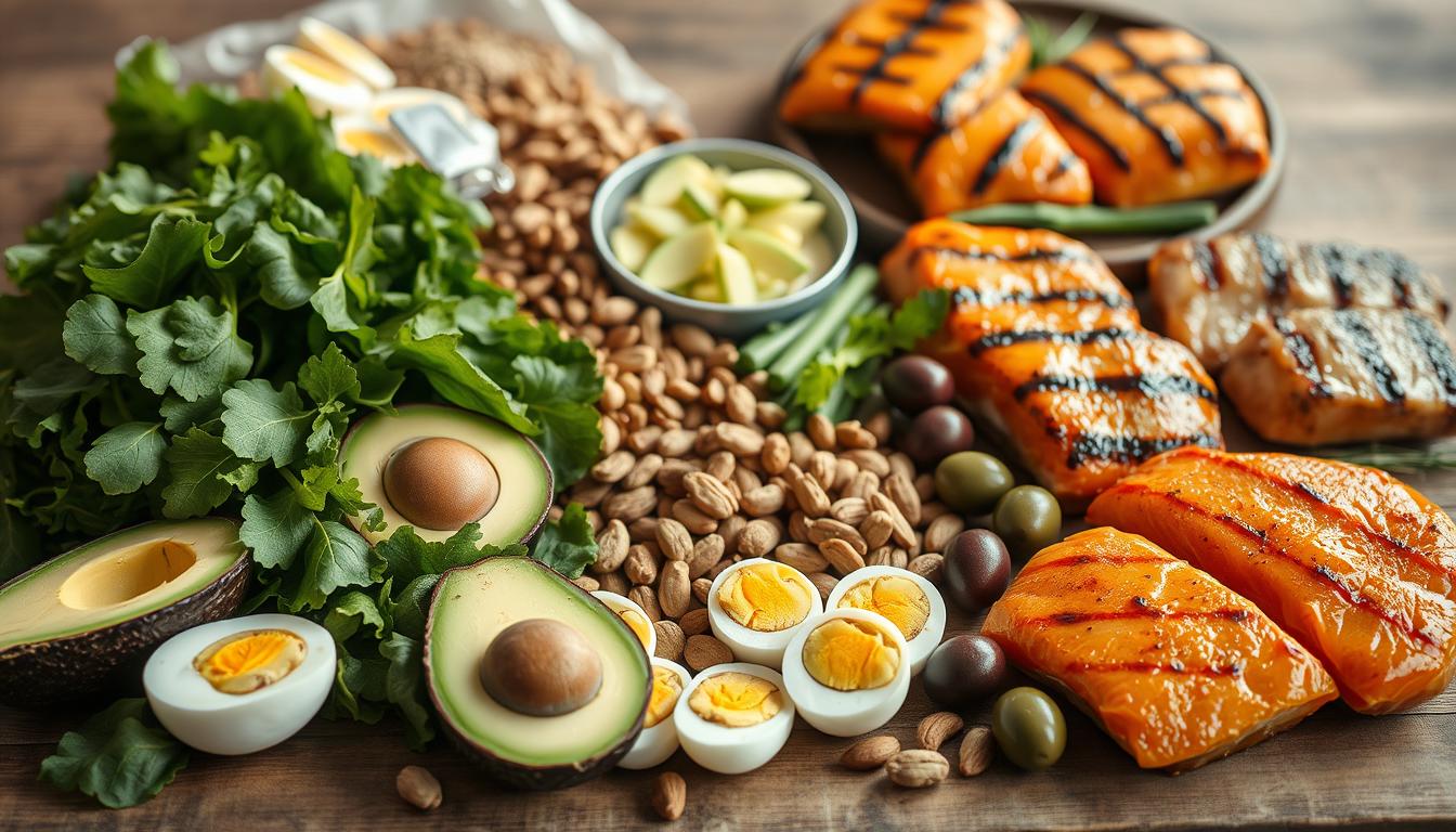 A still life arrangement of various low-carb, high-satiety ingredients on a rustic wooden table, illuminated by soft, natural lighting. In the foreground, a variety of leafy greens, sliced avocado, and hard-boiled eggs. The middle ground features an assortment of nuts, seeds, and olives, while the background showcases vibrant, high-protein meats such as grilled chicken and salmon. The overall composition conveys a sense of wholesome simplicity and visual appeal, inviting the viewer to create satisfying, low-carb meals.